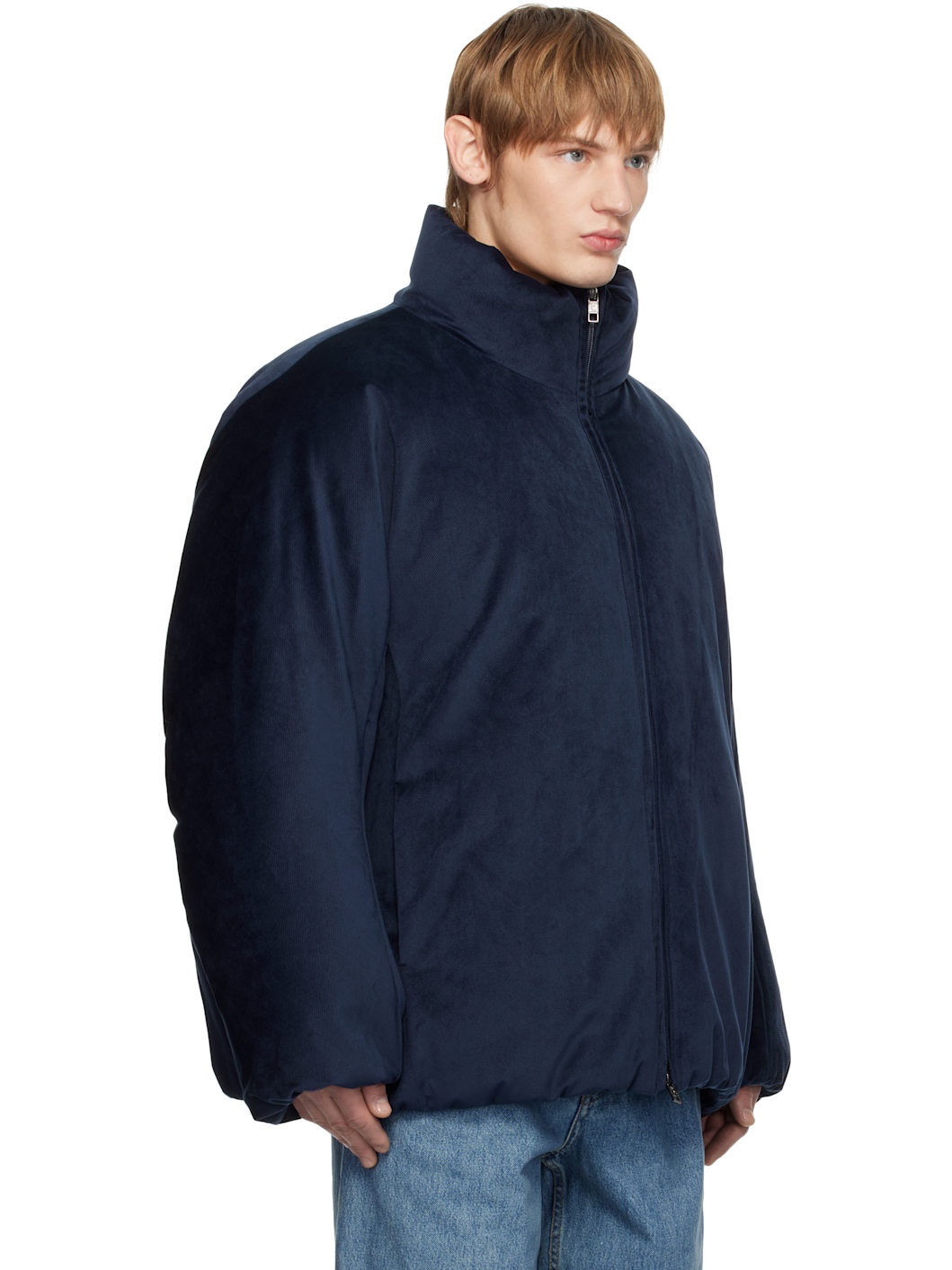 Navy Velour High Neck Goose Down Jacket - 2
