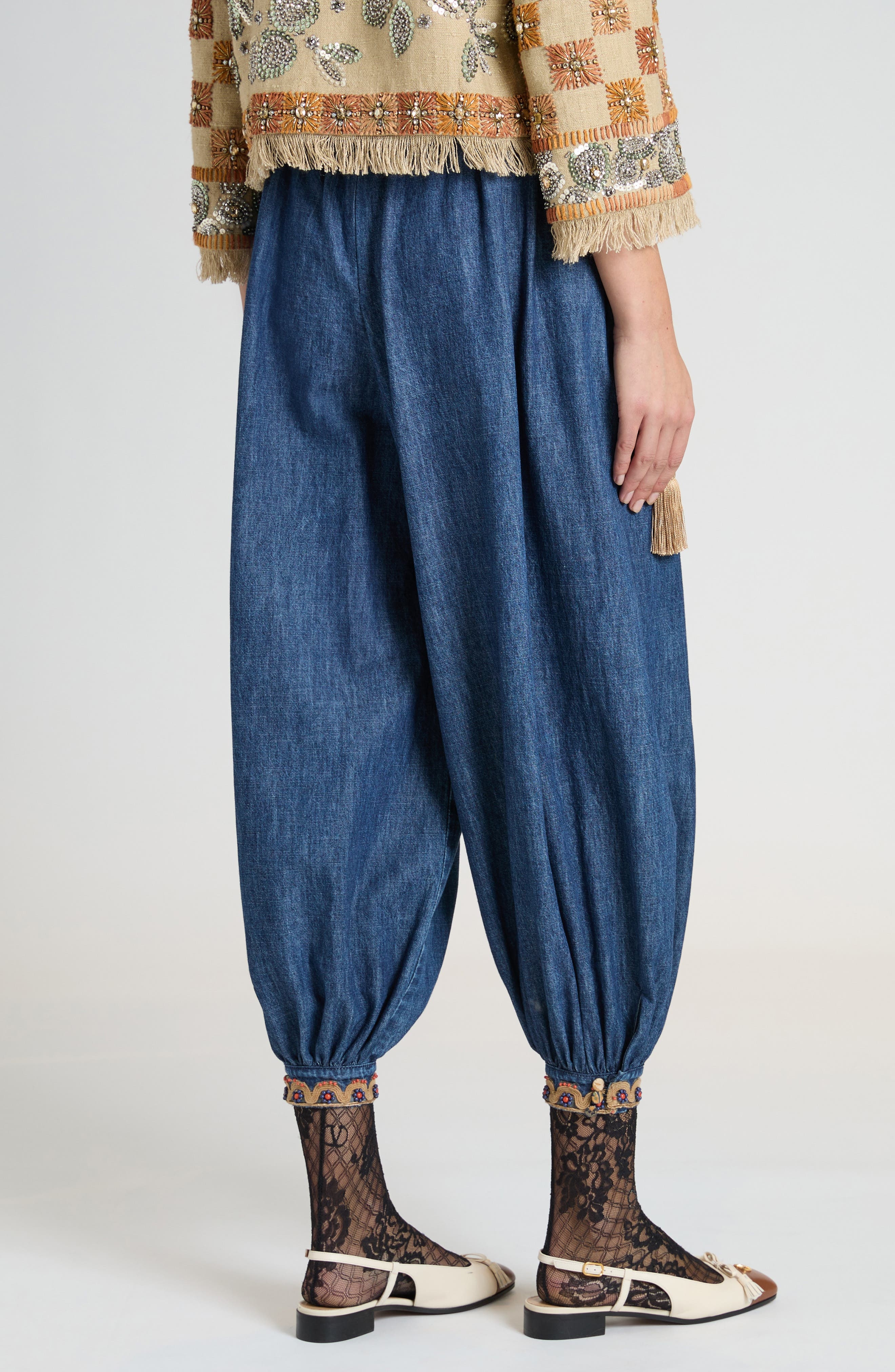 Valentino Garavani Embellished Crop Chambray Balloon Pants in Medium Blue Denim at Nordstrom - 3