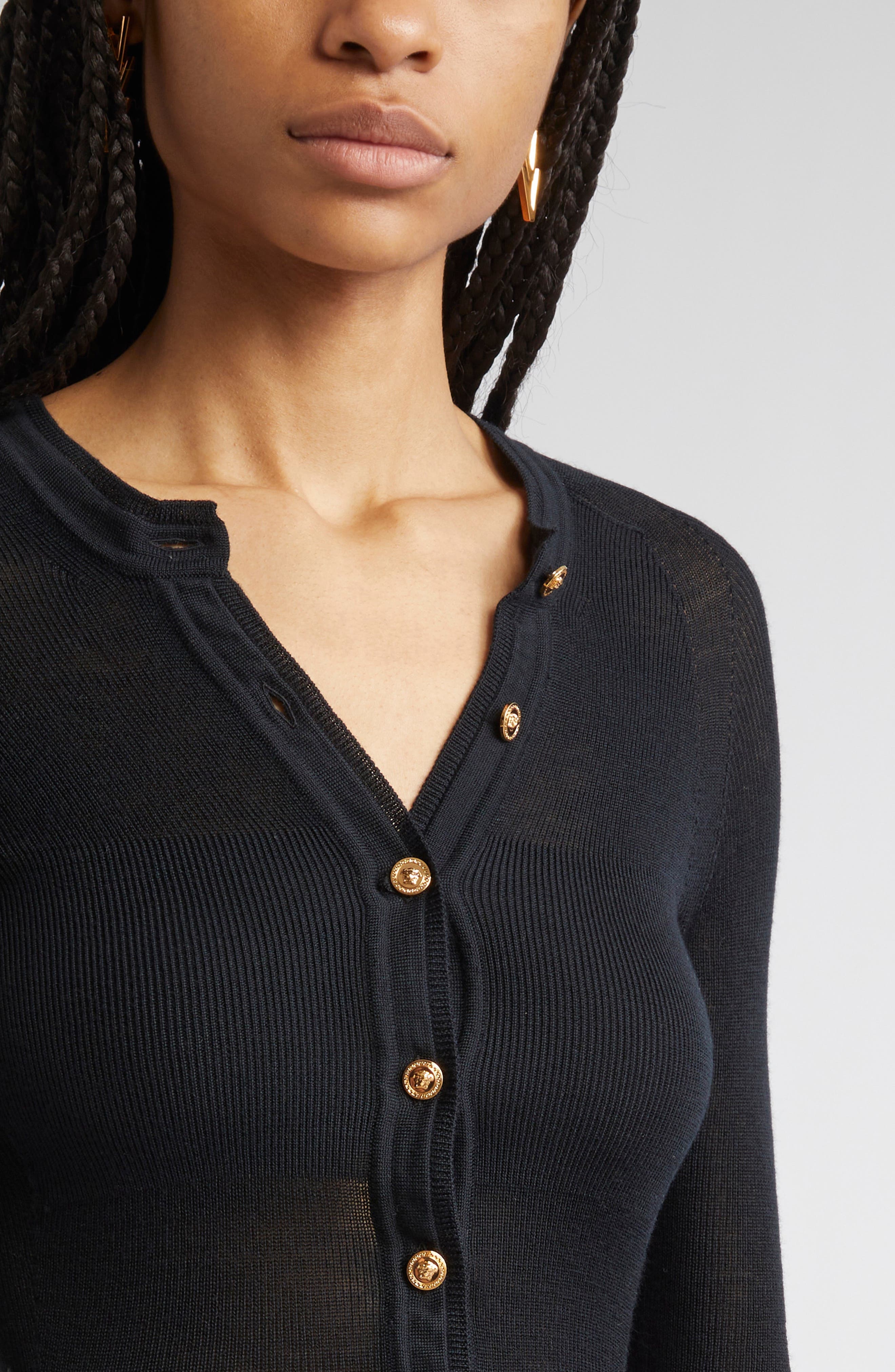 Versace Seamless Virgin Merino Wool Blend Rib Henley Sweater in Black at Nordstrom - 4