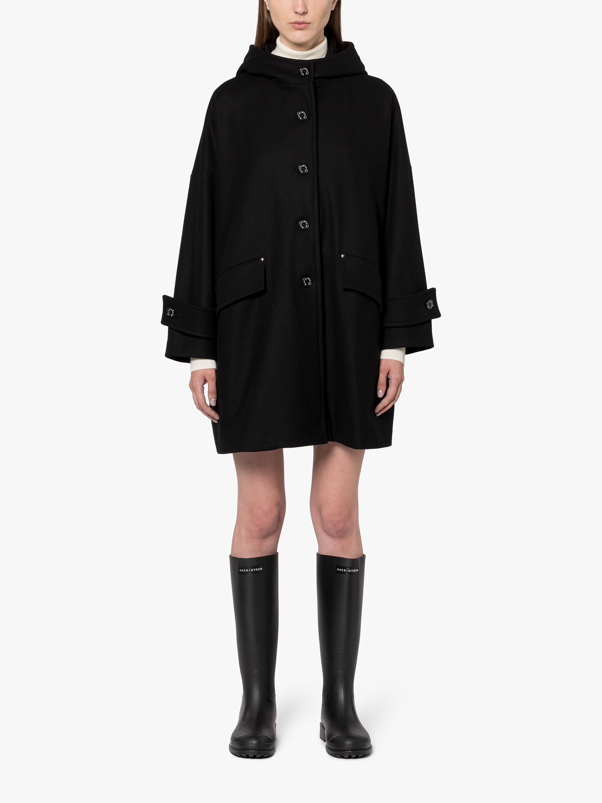 HUMBIE HOOD BLACK WOOL OVERCOAT - 3