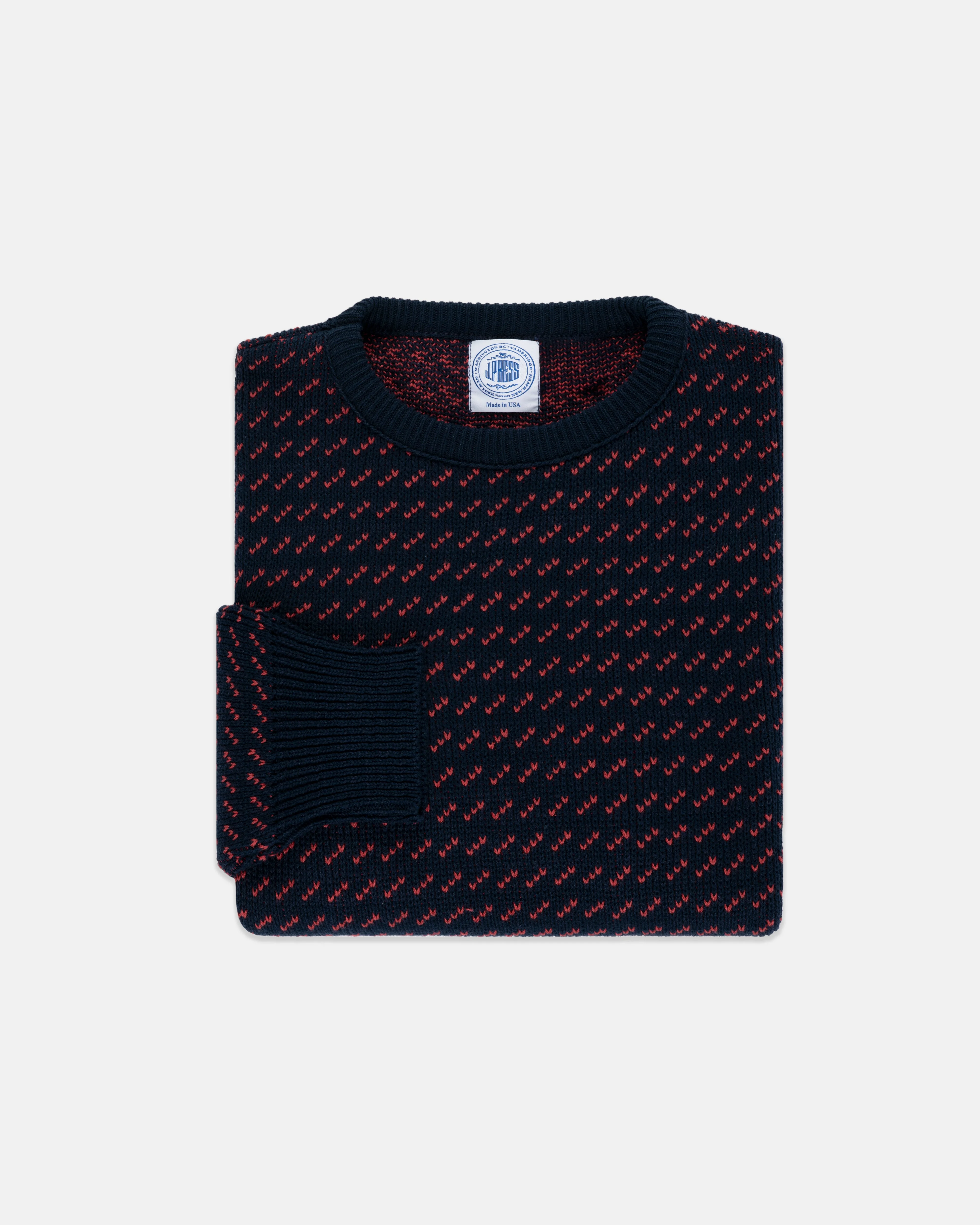 MADE-IN-USA NAVY & RED COTTON CHEVRON CREWNECK SWEATER - 1