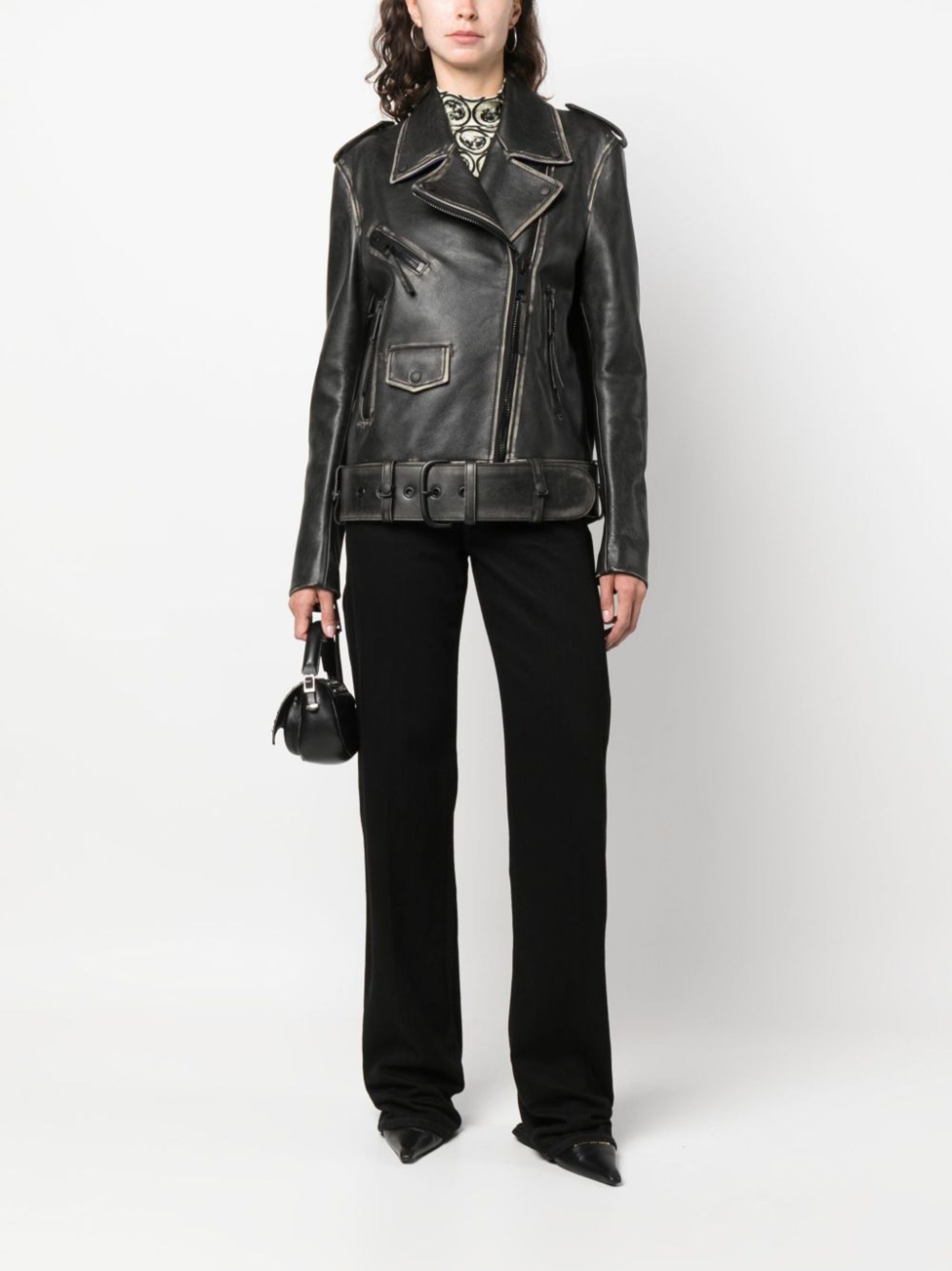 Off-White Black Faded Effect Leather Biker Jacket
