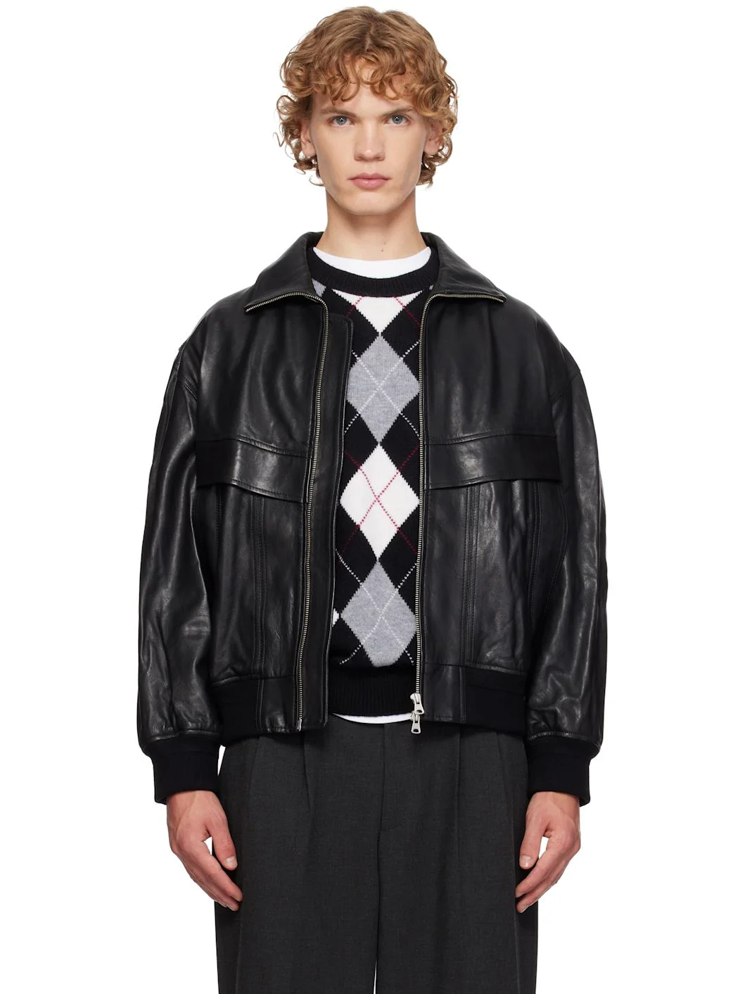 Black Stand Collared Leather Jacket - 1