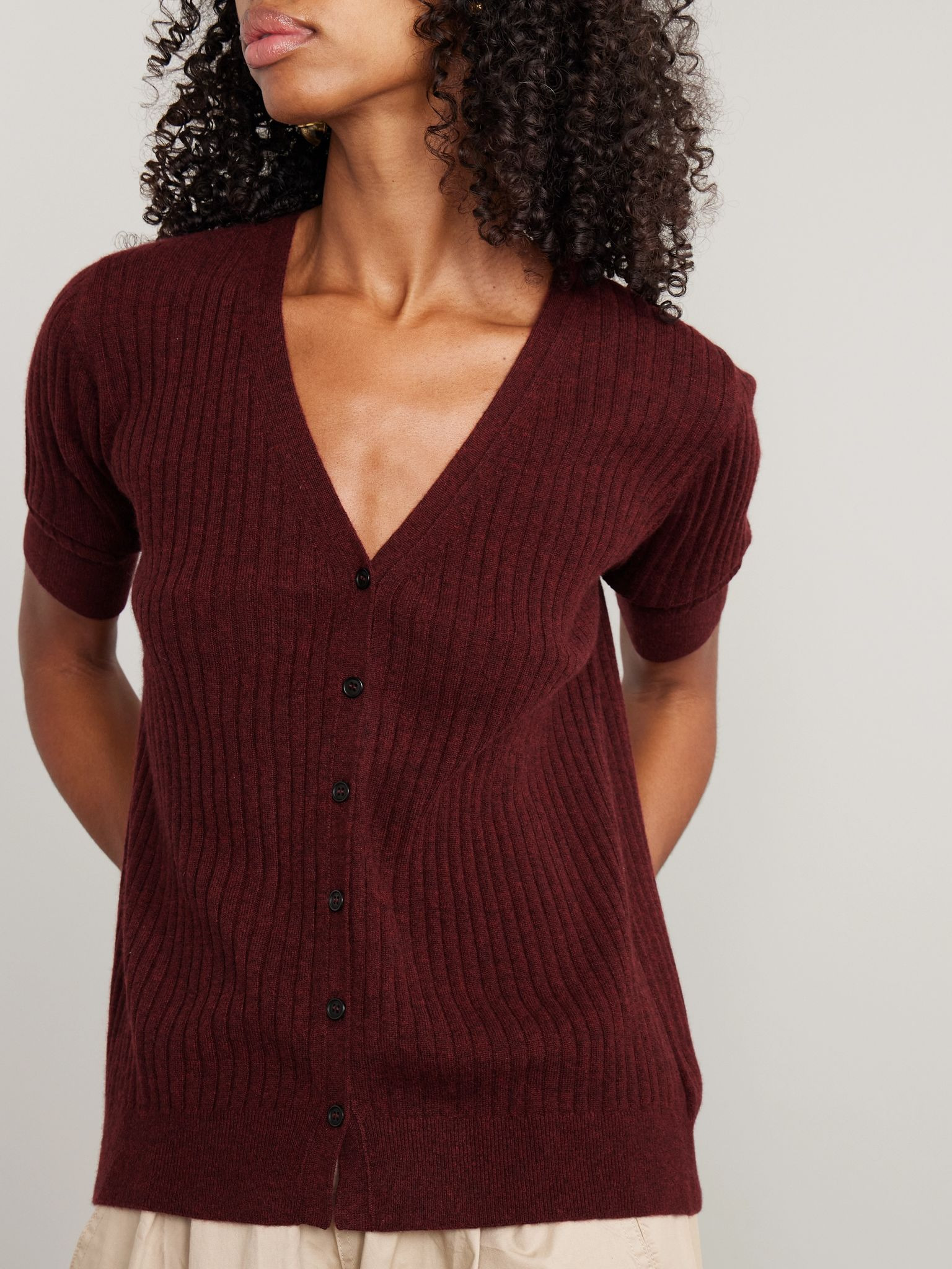 Katya ribbed organic cashmere cardigan Burgundy - 3