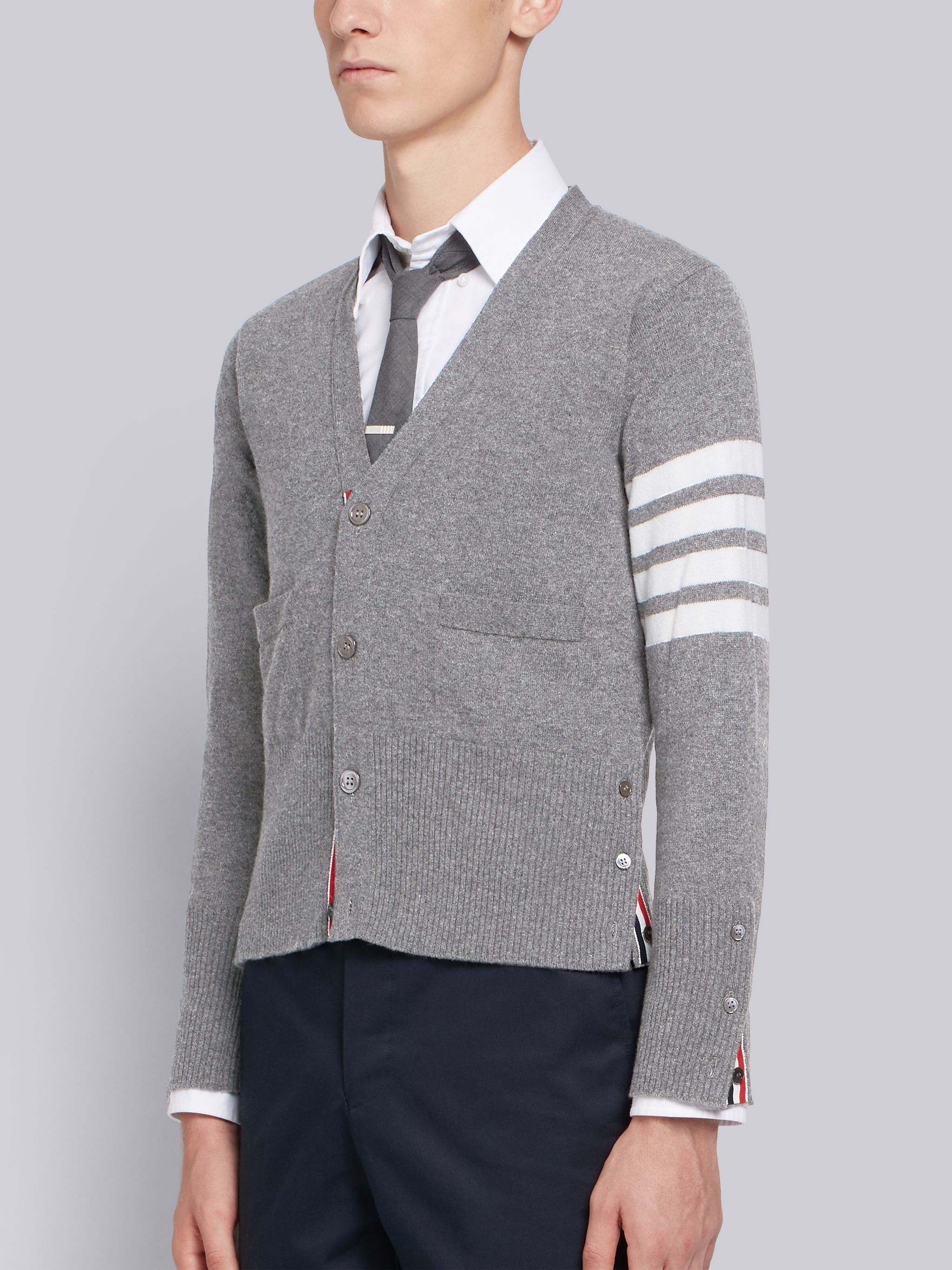 Light Grey Cashmere V-neck 4-Bar Cardigan - 2