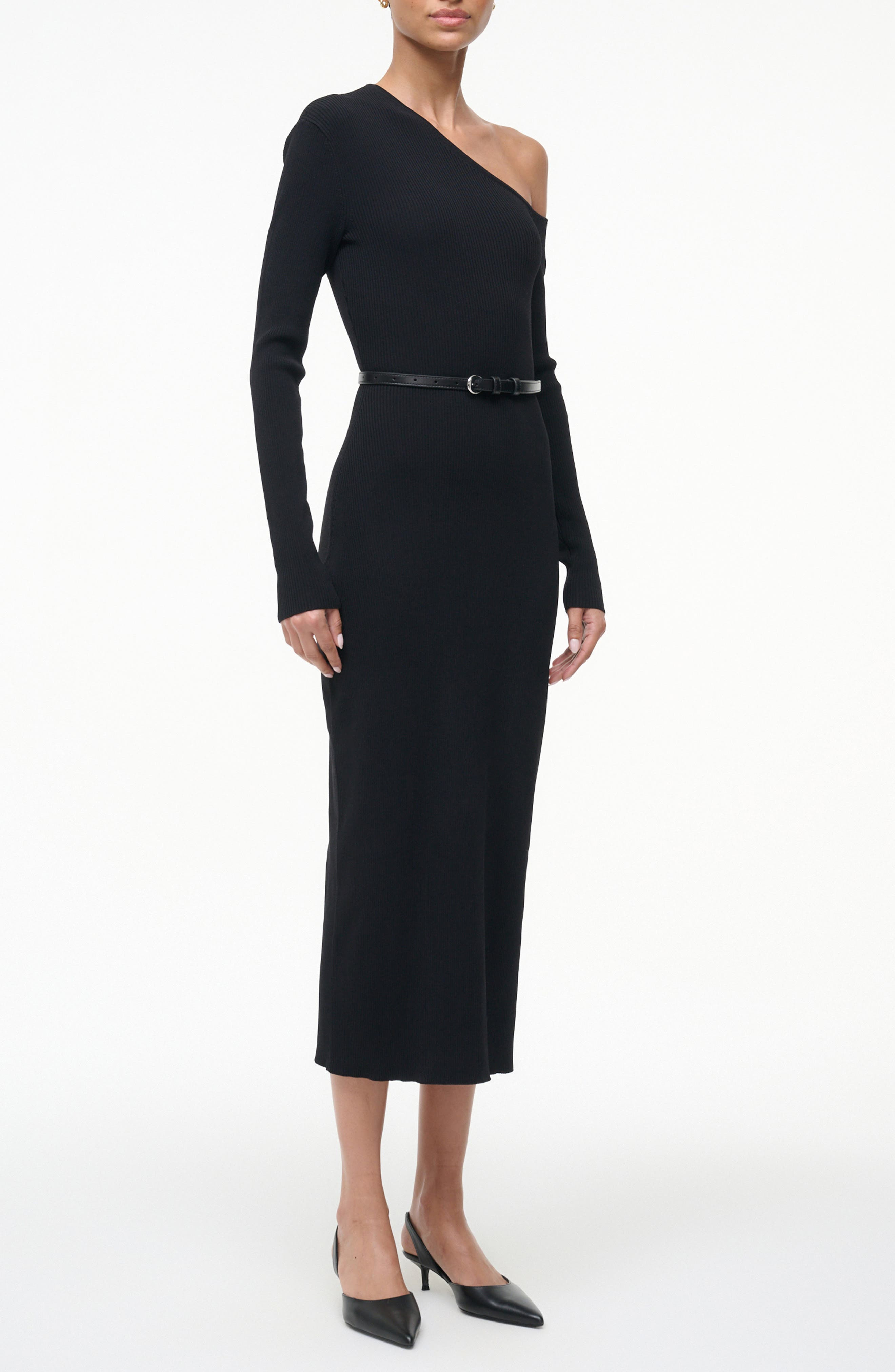 STAUD Lois One-Shoulder Long Sleeve Rib Dress in Black at Nordstrom - 2