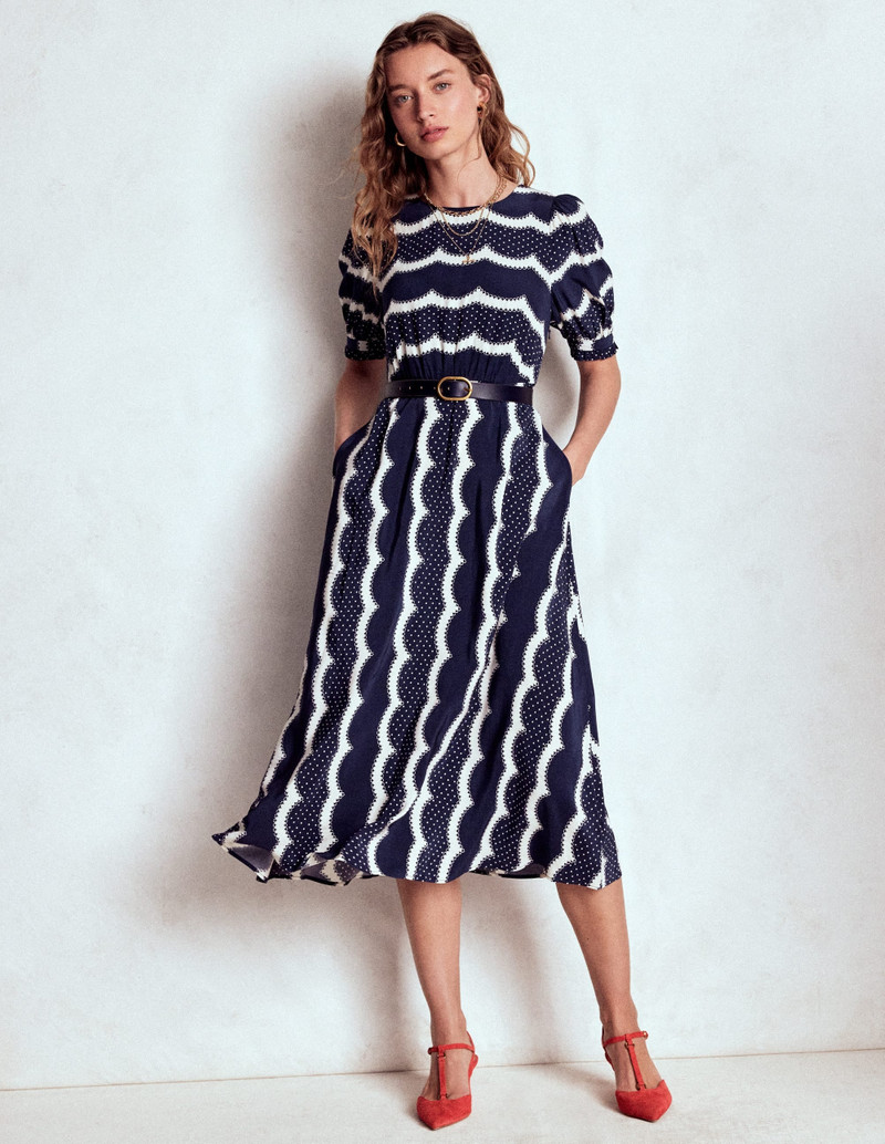 Blanca Midi Tea Dress-French Navy, Dainty Scallop 5