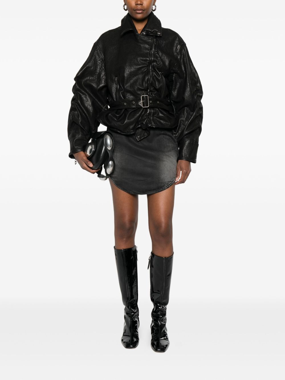 asymmetric-zip belted leather jacket - 2
