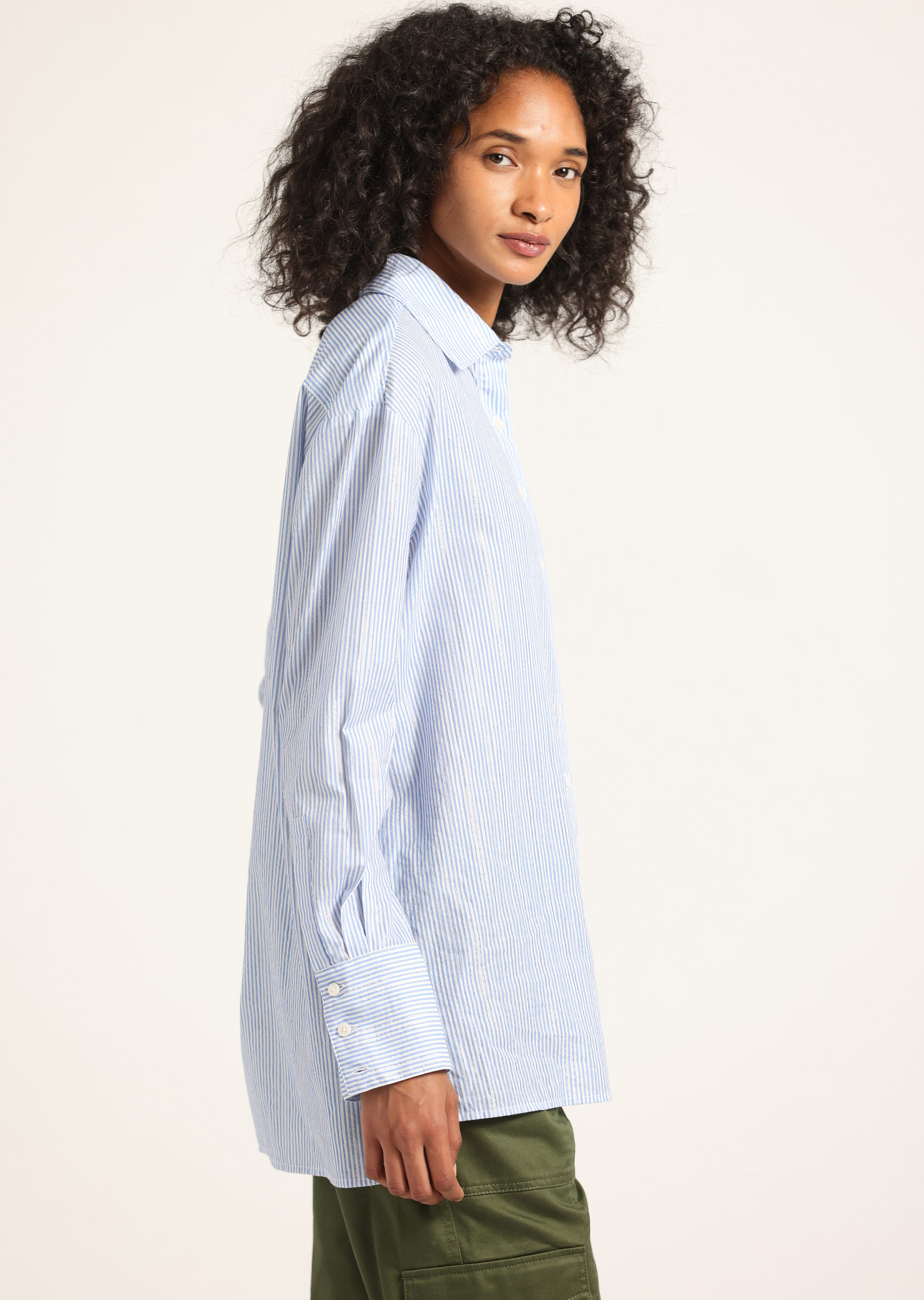 ORIANNE LUREX STRIPE VOILE LONG SLEEVE BUTTON FRONT SHIRT - 4