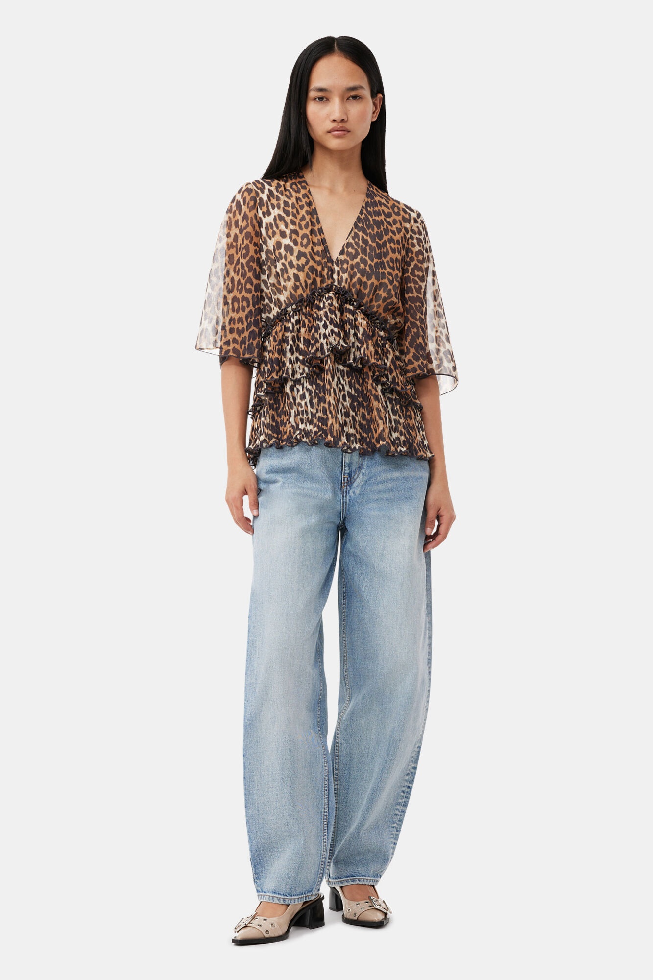 LEOPARD PLEATED GEORGETTE V-NECK FLOUNCE BLOUSE - 3