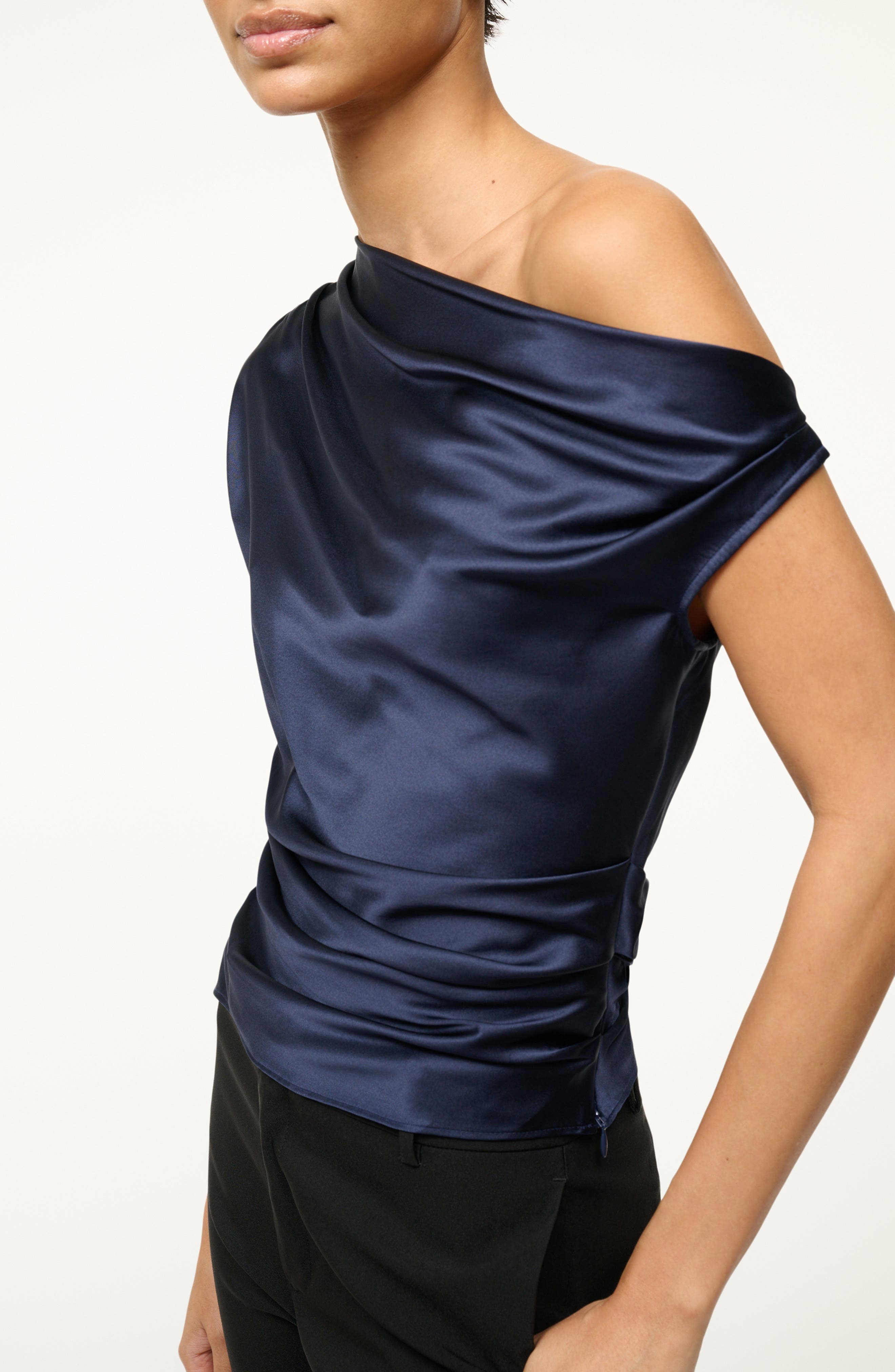 STAUD Phare One-Shoulder Stretch Silk Top in Navy at Nordstrom - 3