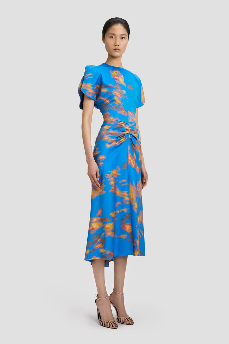 Gathered Waist Midi Dress In Blue Abstract Floral Print 3