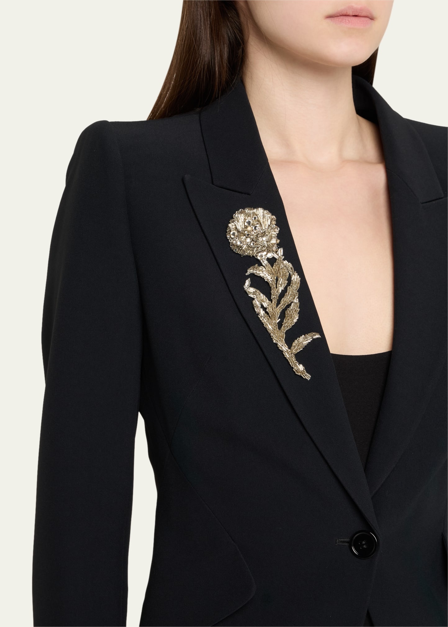 Crystal Rose Embroidered Single-Breasted Blazer - 5