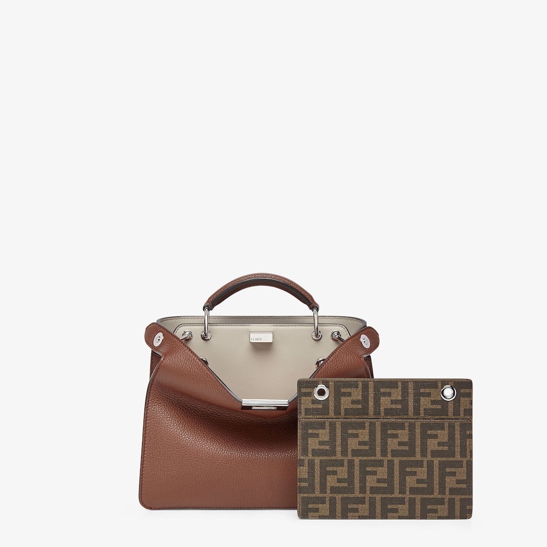 Small iconic Peekaboo ISeeU bag, made of brown Cuoio Romano leather with contrasting light gray inte - 2