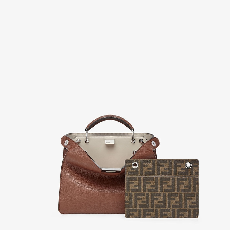 Small iconic Peekaboo ISeeU bag, made of brown Cuoio Romano leather with contrasting light gray inte 2