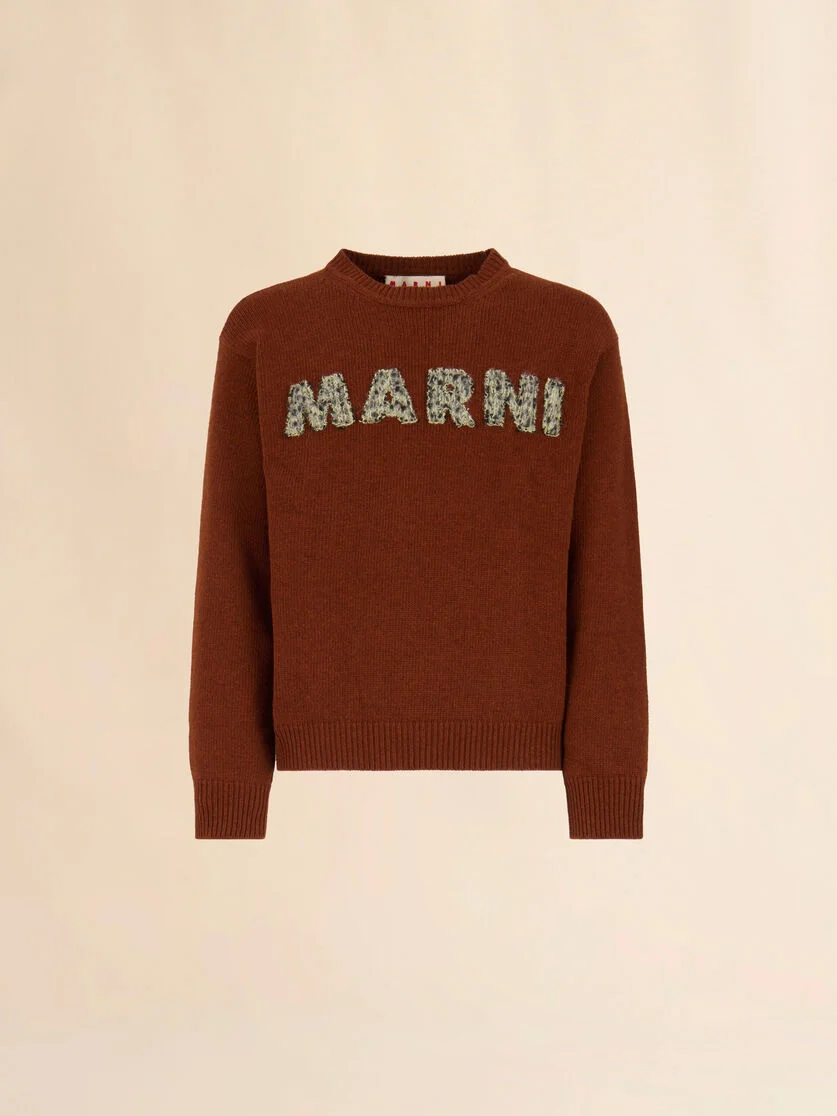 BROWN WOOL SWEATER WITH LASER-CUT MARNI LOGO - 1