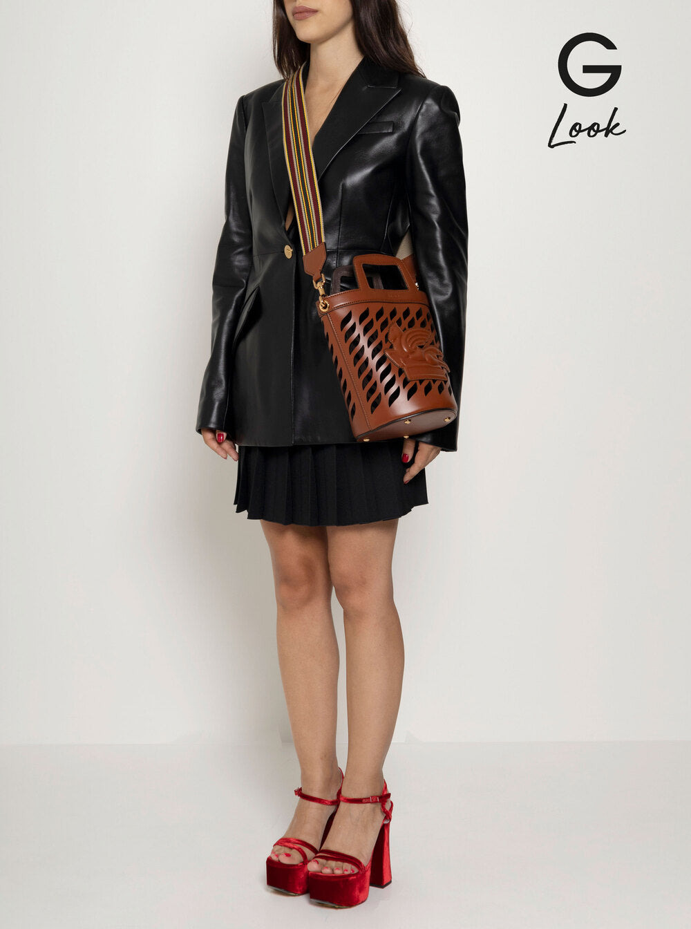 Etro Women Brown Bucket Bag With Multicolor Shoulder Strap And Pegasus Detail In Perforated Leather  - 6