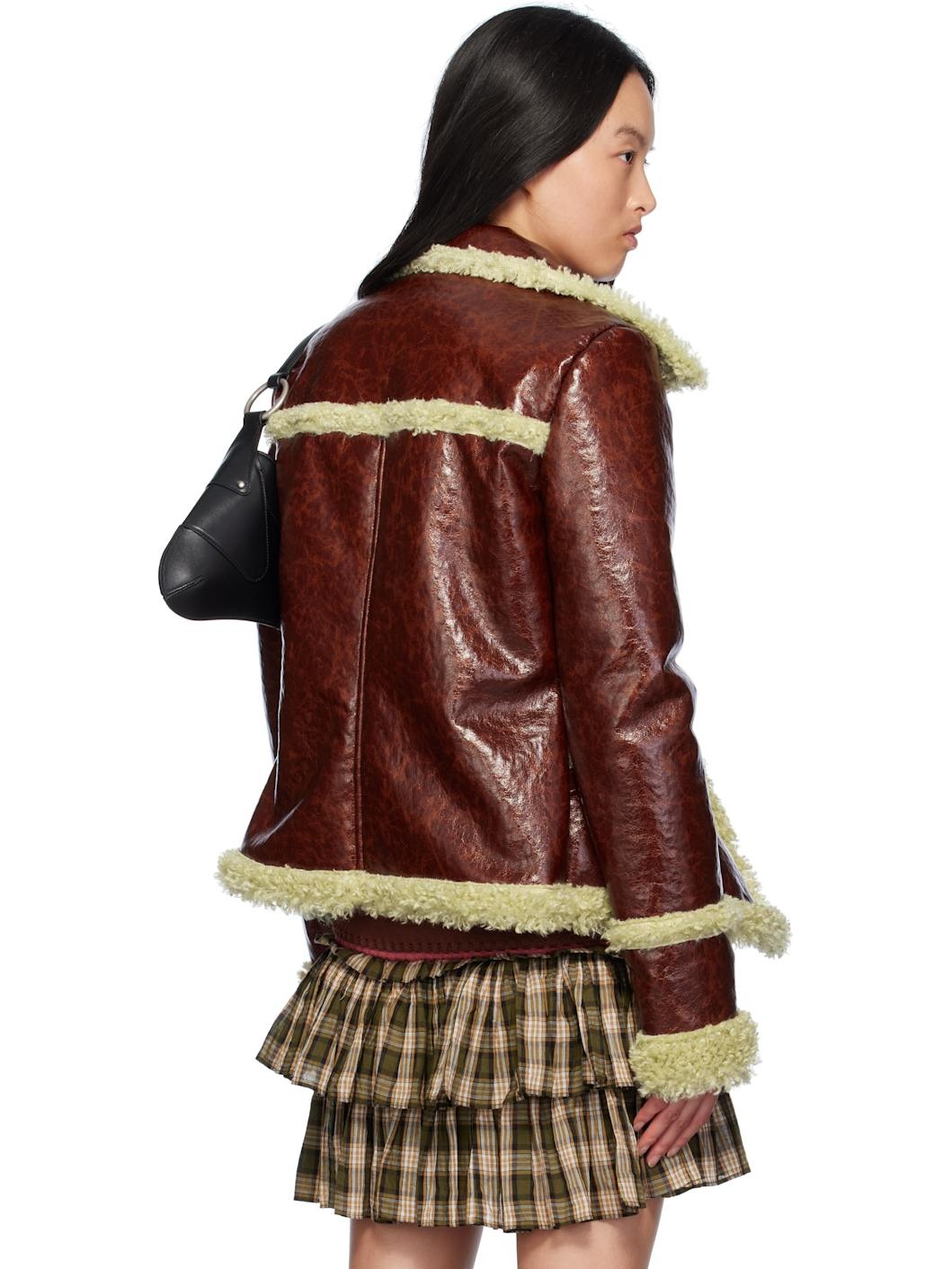 Brown Curly Trim Faux-Leather Jacket - 3
