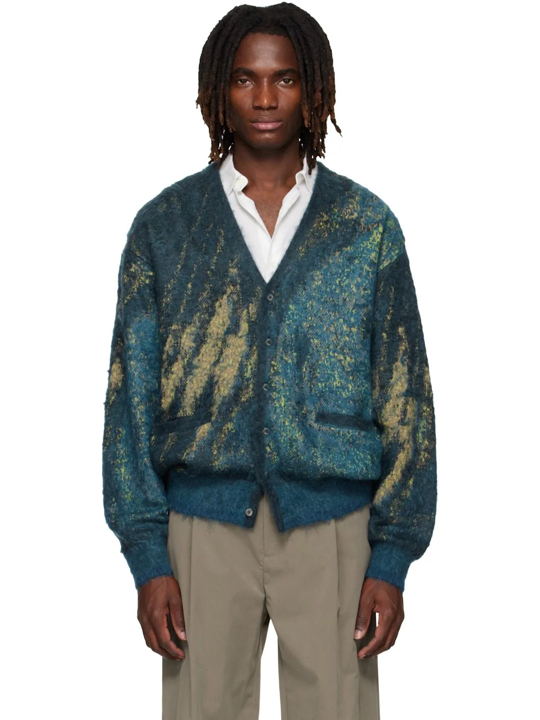 Blue & Green Abstract Jacquard Mohair Cardigan - 1