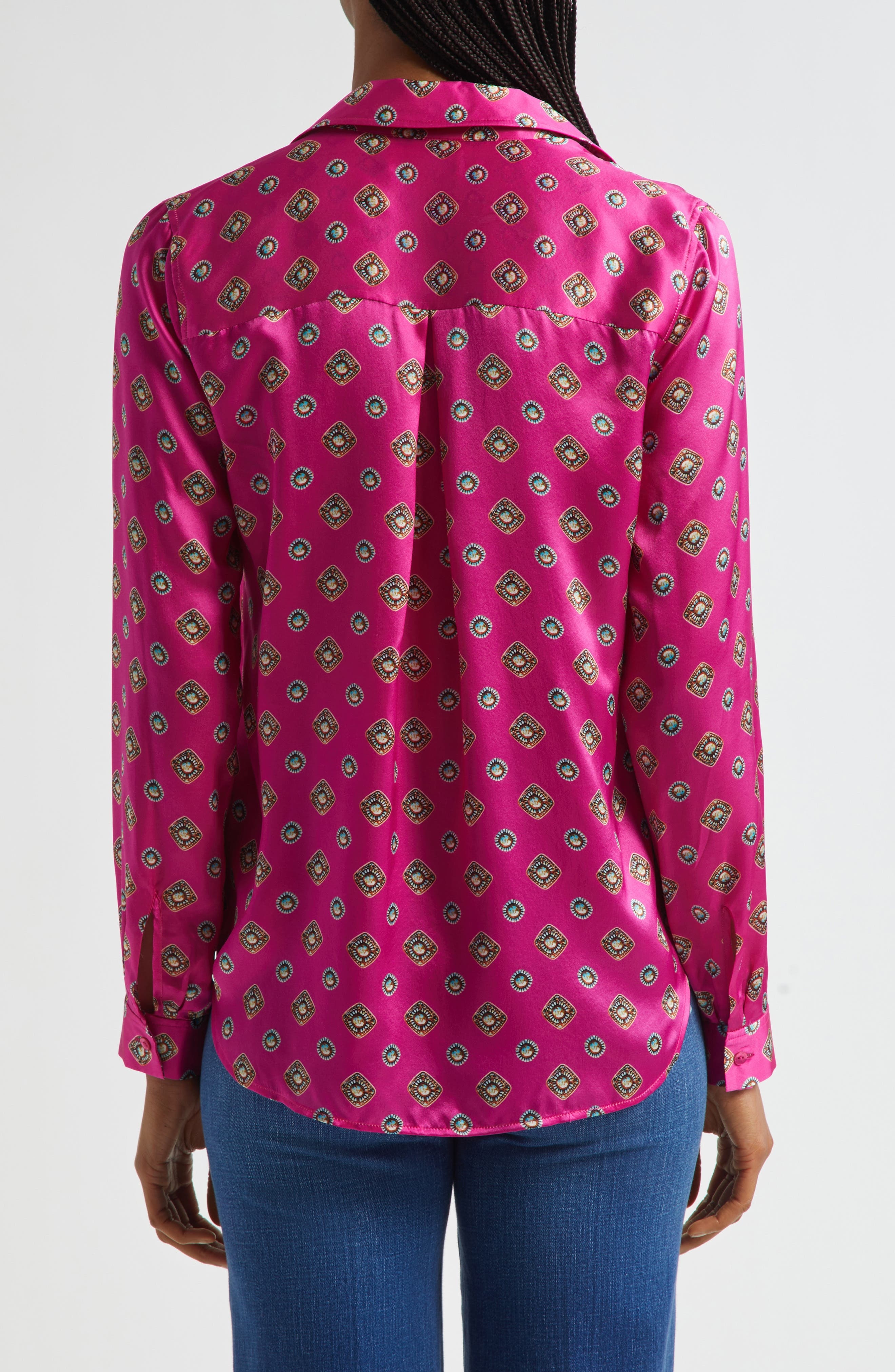 L'AGENCE Tyler Geometric Turquoise Print Silk Button-Up Shirt in Fuchsia/Turquoise Geometric at Nord - 2