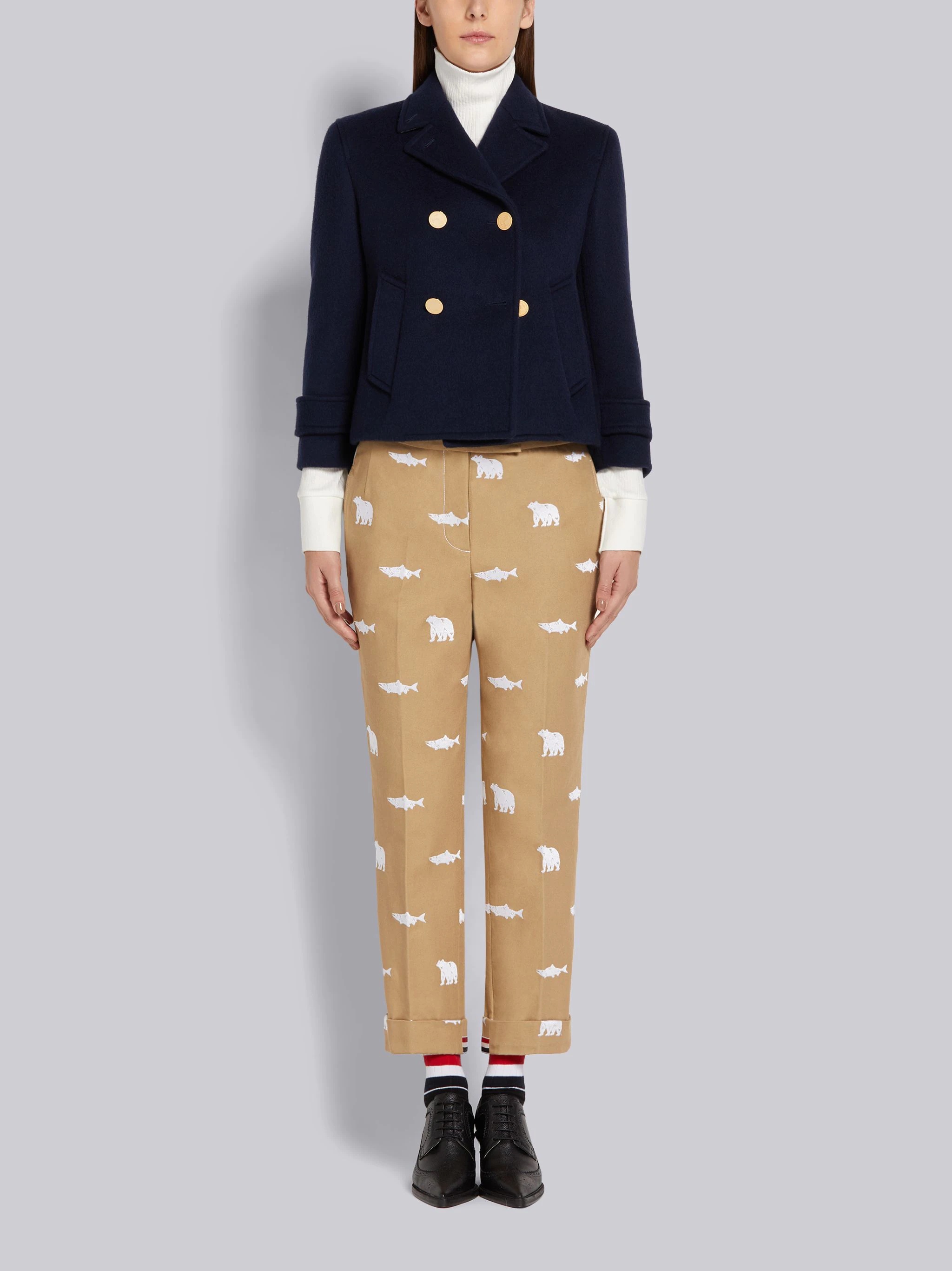 Camel Canvas Bear and Salmon Half Drop Fill Stitch Embroidery Low Rise Side Tab Skinny Trouser - 4