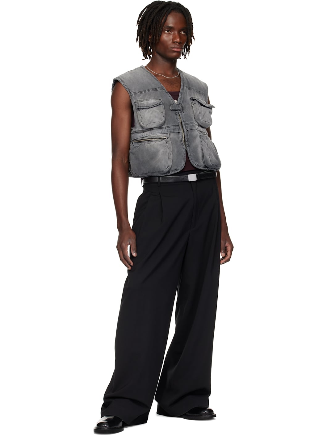 Gray Wadded Denim Cargo Vest - 5