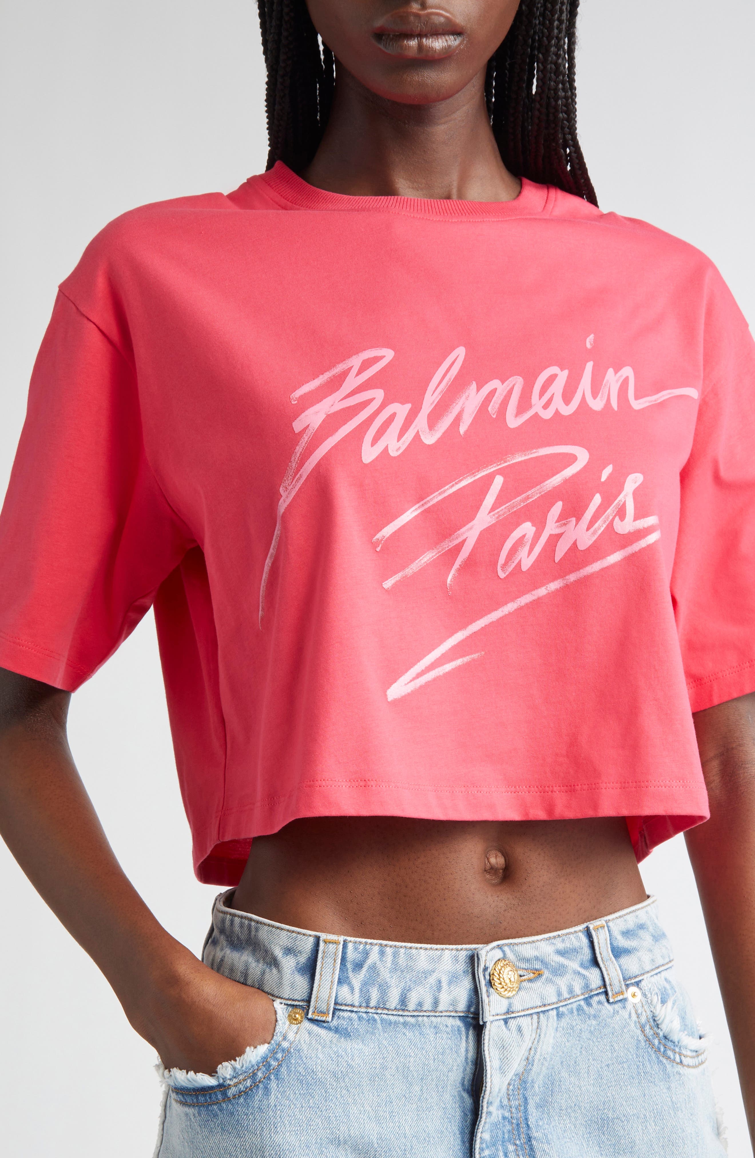 Balmain Baseball Logo Crop Graphic T-Shirt in Fuschia/Multi at Nordstrom - 5