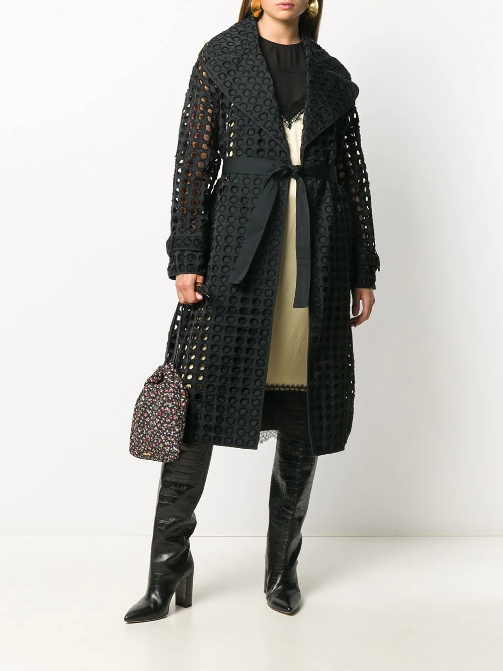 perforated-design midi coat - 2