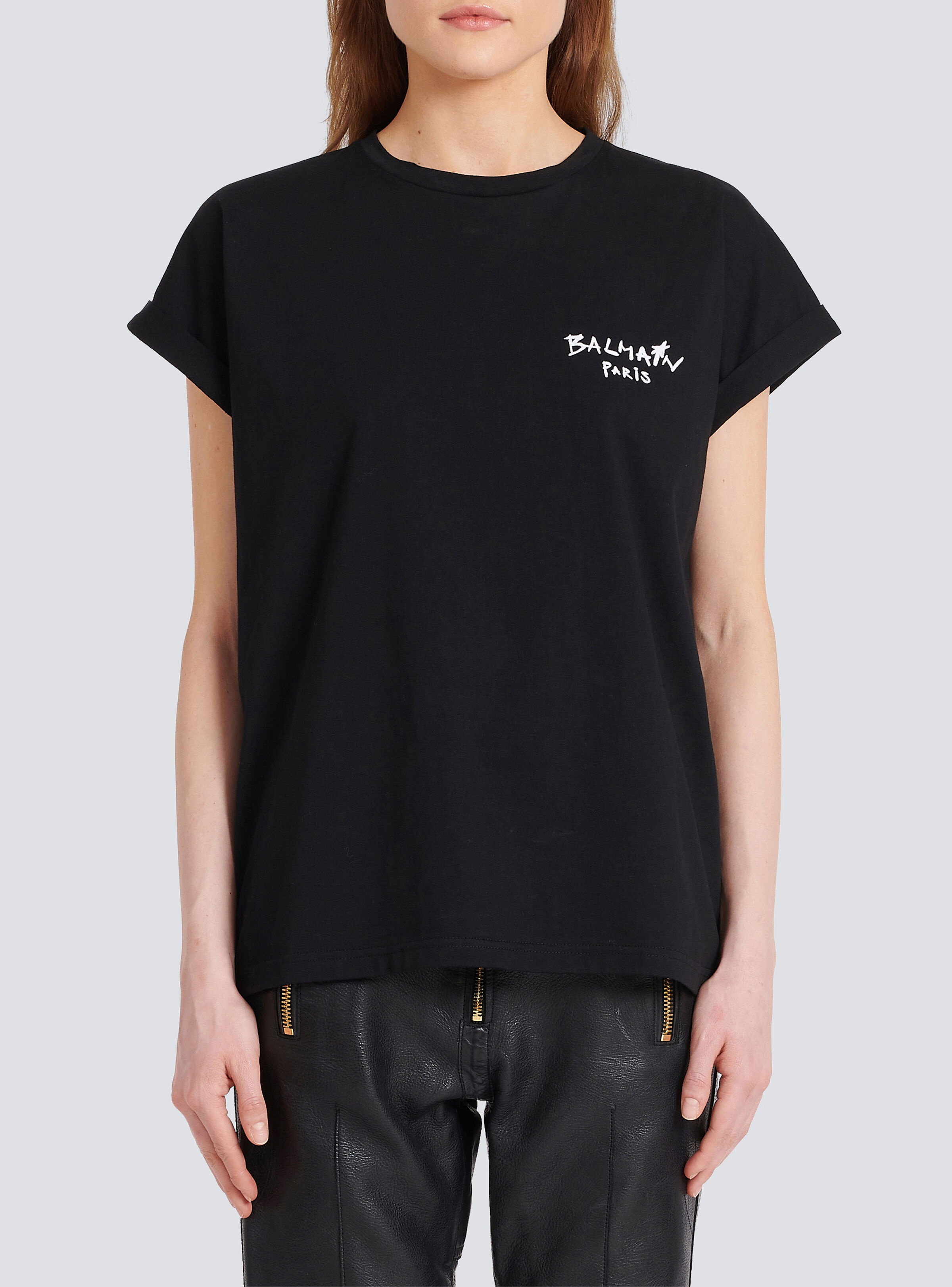 Cotton T-shirt with small flocked graffiti Balmain logo - 7