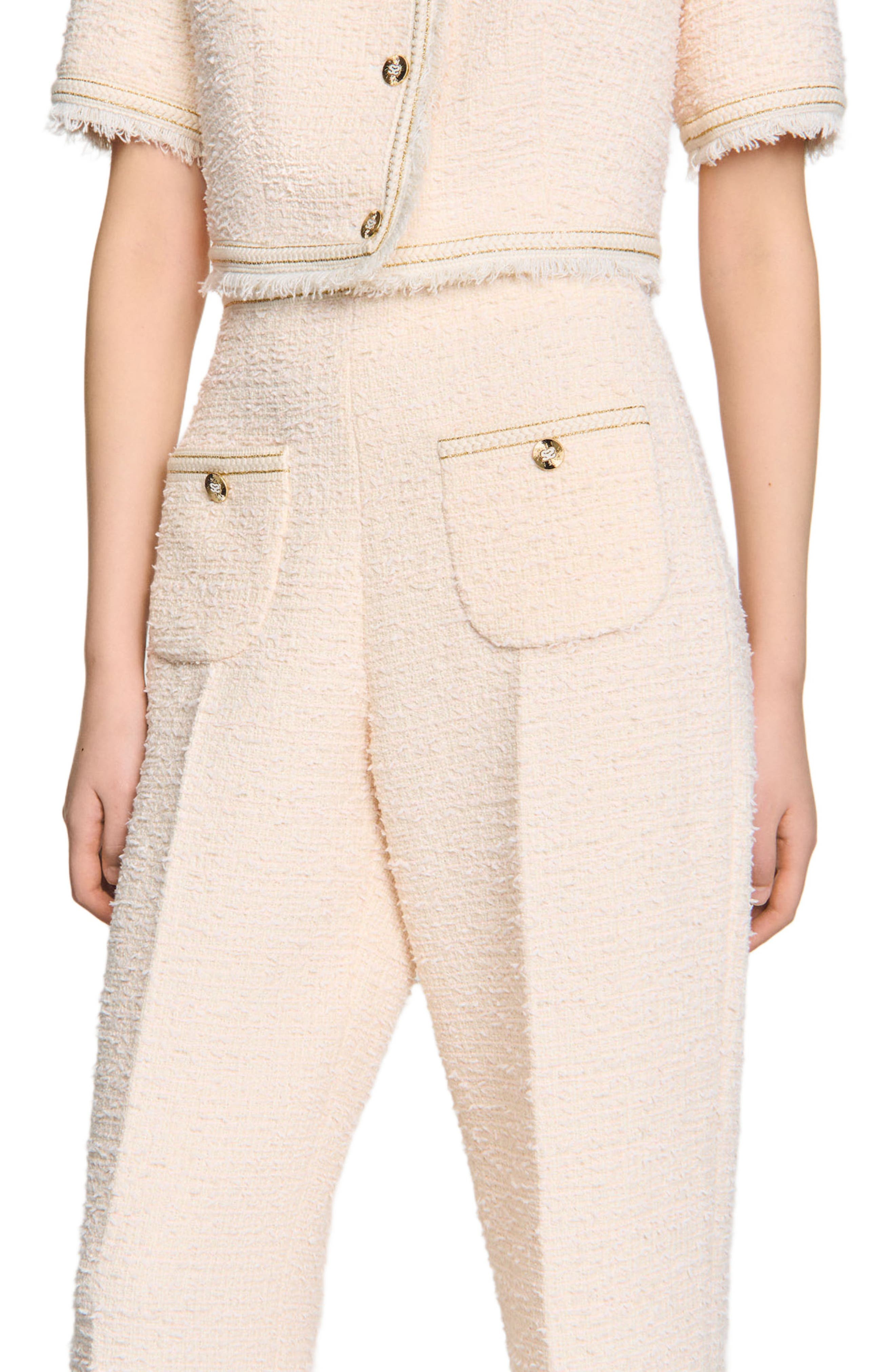 SANDRO Decorative tweed trousers in Ecru /Pink at Nordstrom - 4