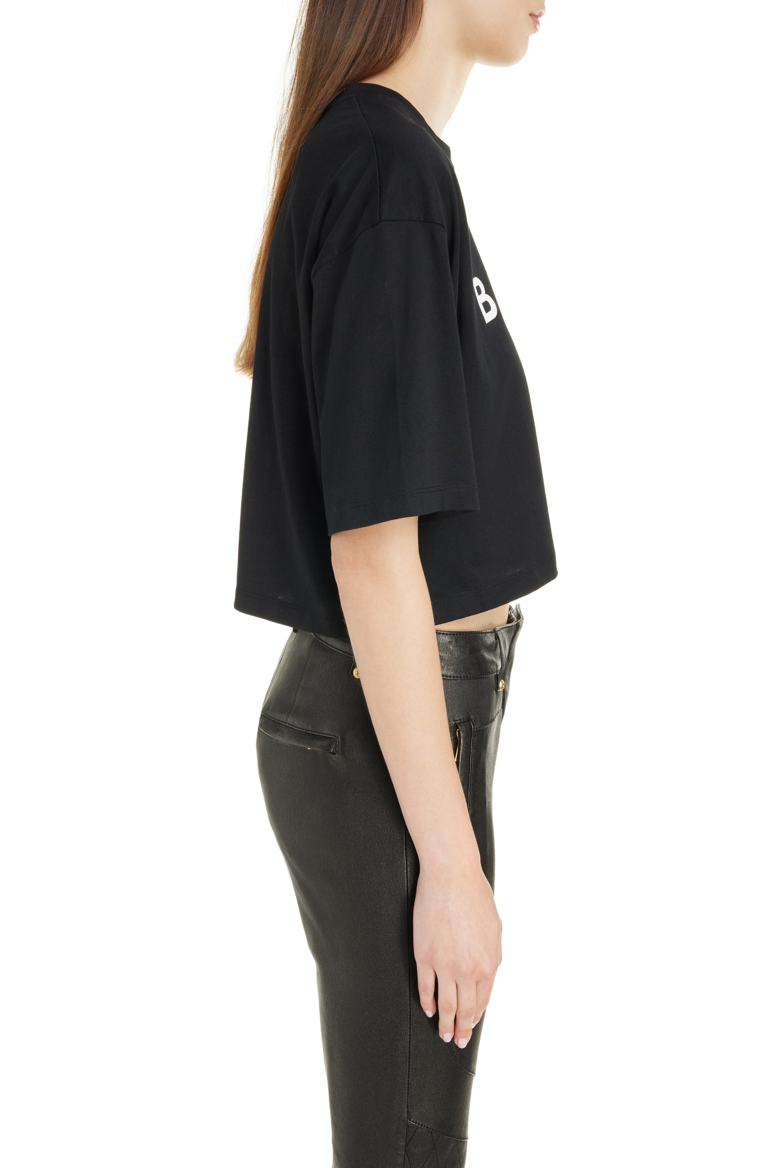 Balmain Logo Crop Cotton Graphic T-Shirt in Eab Black/White at Nordstrom - 4