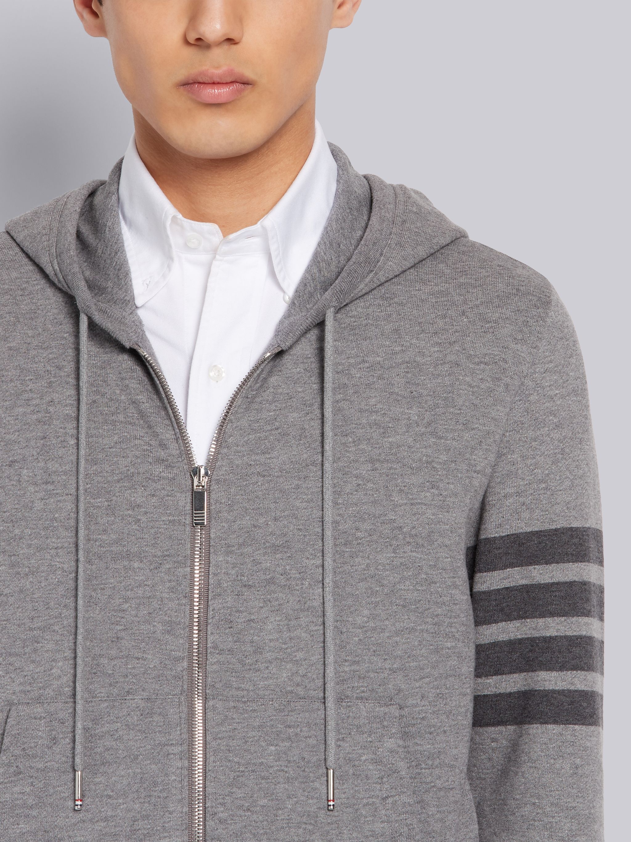 Medium Grey Cotton Loopback Relaxed Fit Tonal 4-Bar Zip-up Hoodie - 5