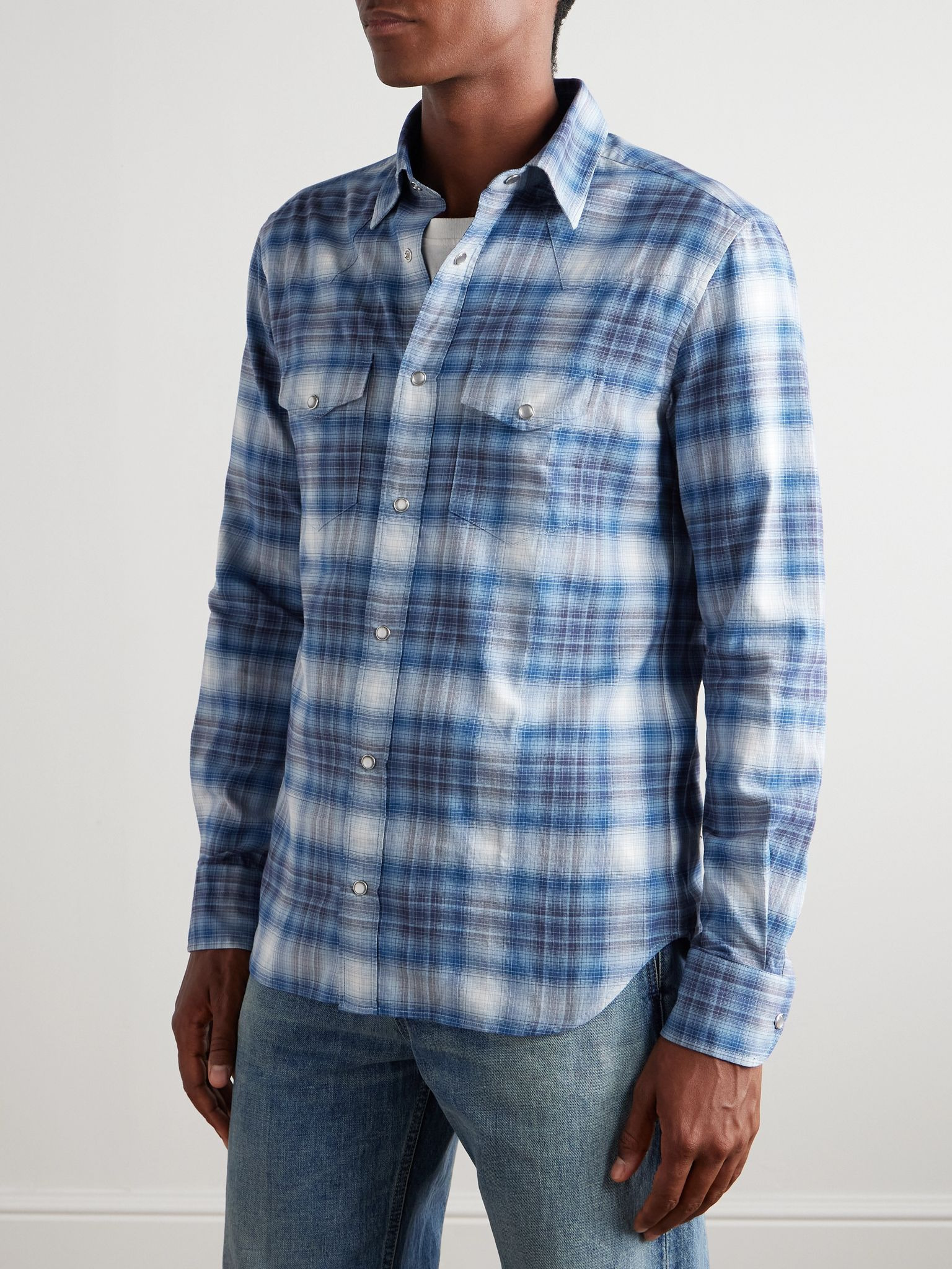 Slim-Fit Checked Cotton-Poplin Shirt Blue - 3