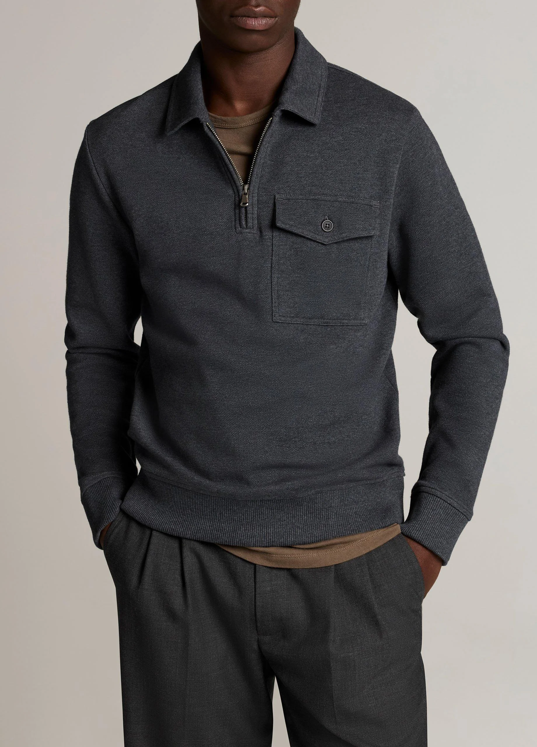 Double-Knit Herringbone Wool-Cashmere Polo Sweater - 1