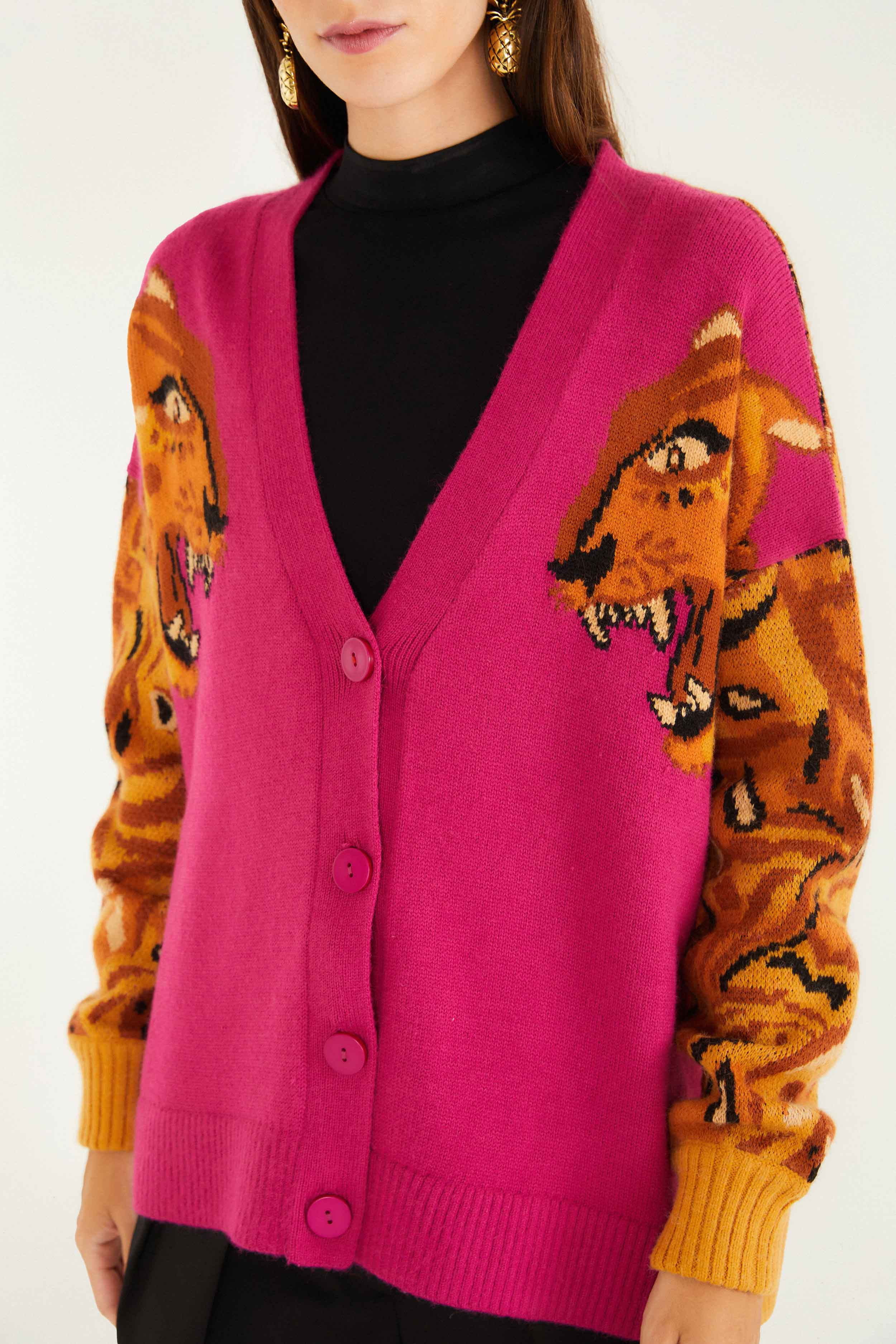 Pink Bold Tiger Buttoned Knit Cardigan - 2