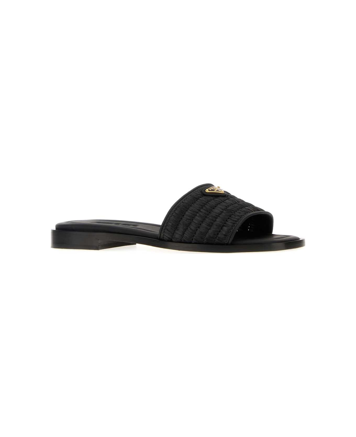 Black Raffia And Leather Slippers - 2