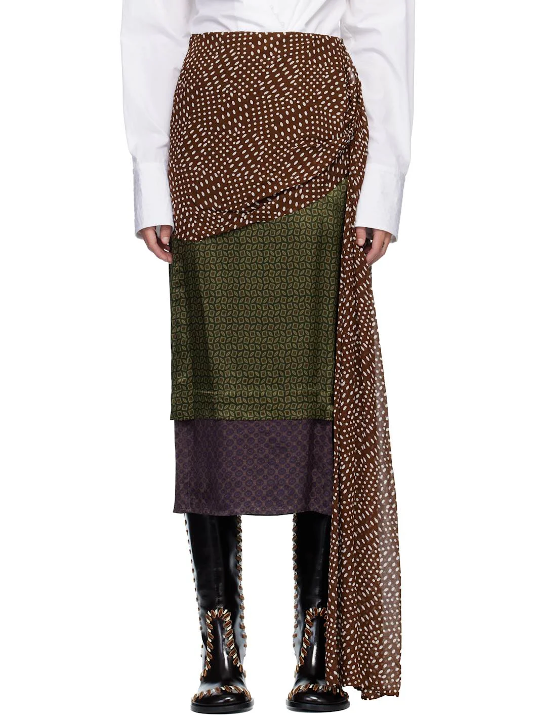 Multicolor Draped Silk Satin Midi Skirt - 1