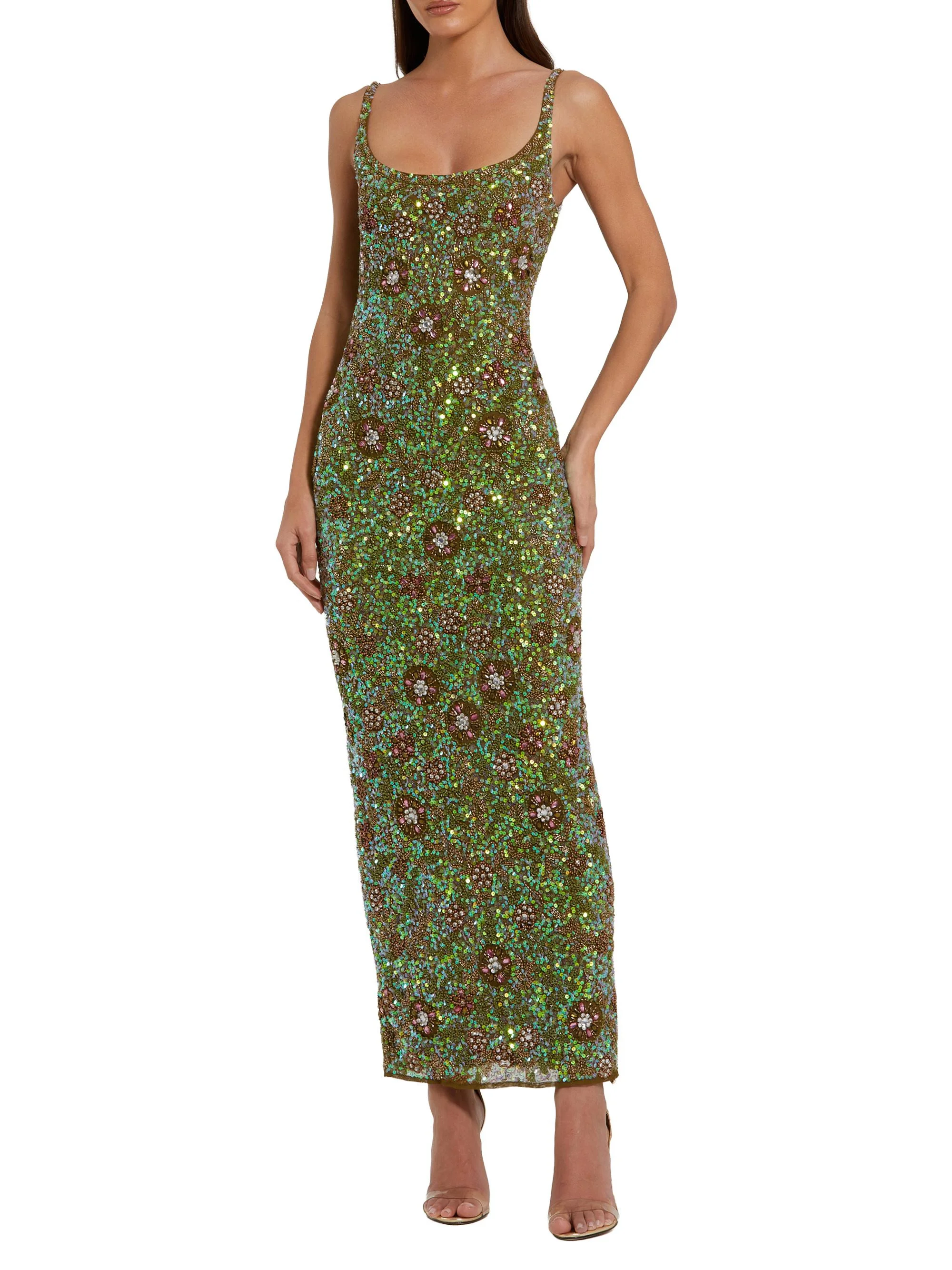Women's Floral Beaded Cocktail Sheath Dress - Olive - 1