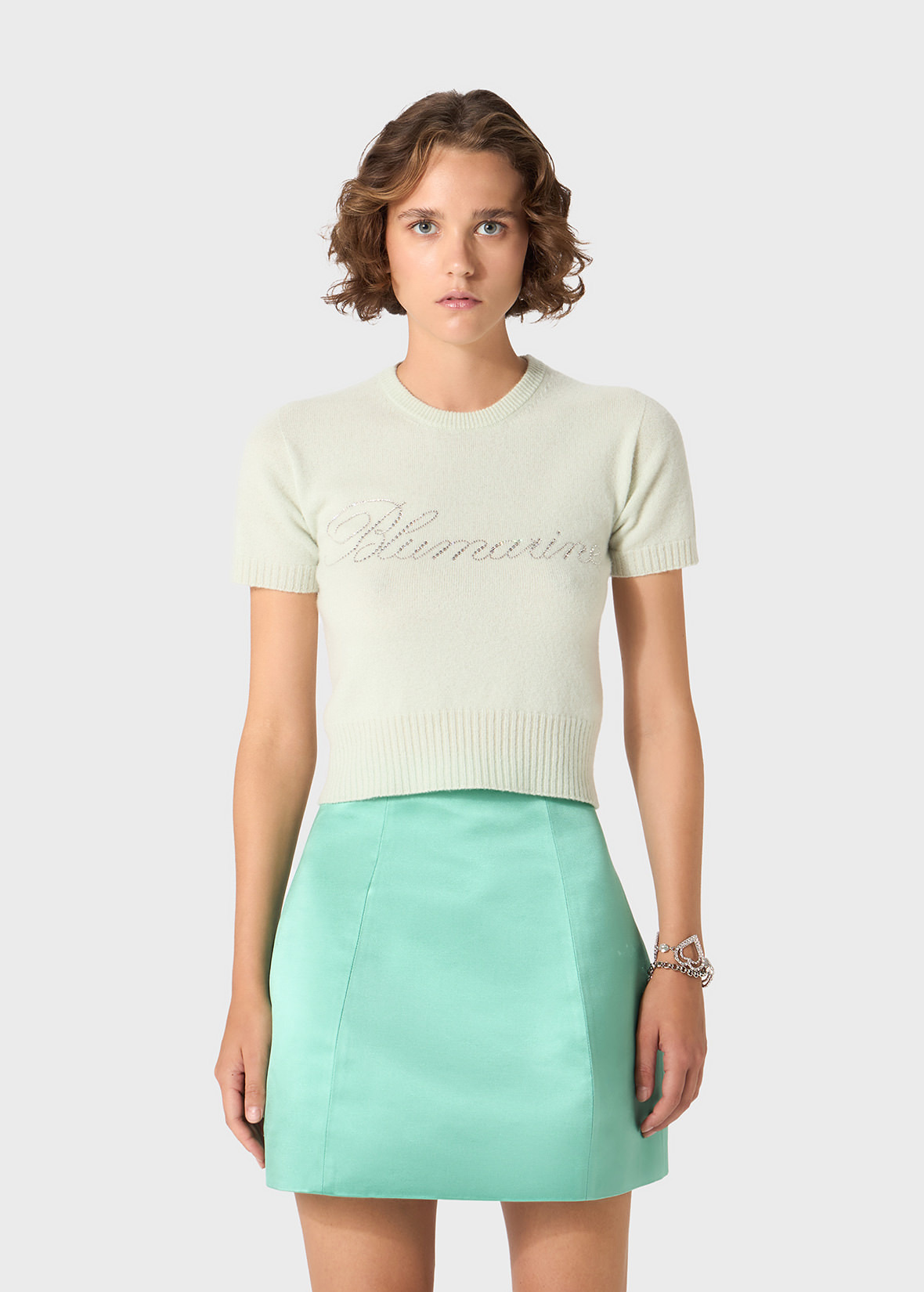 CASHMERE CROPPED SWEATER WITH BLUMARINE RHINESTONE LOGO - 3