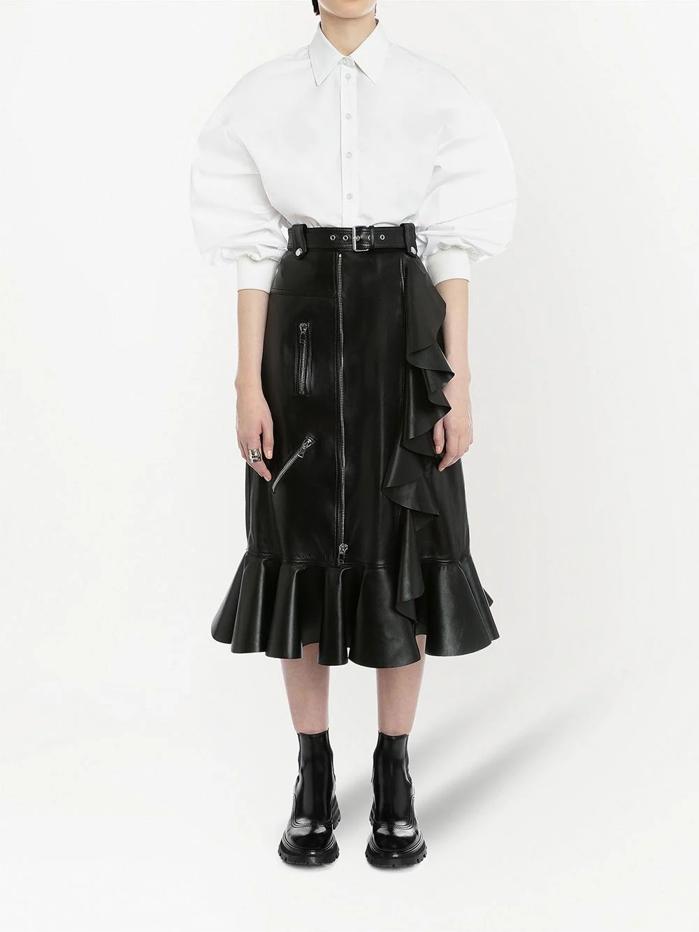ruffle mid-length leather skirt - 3