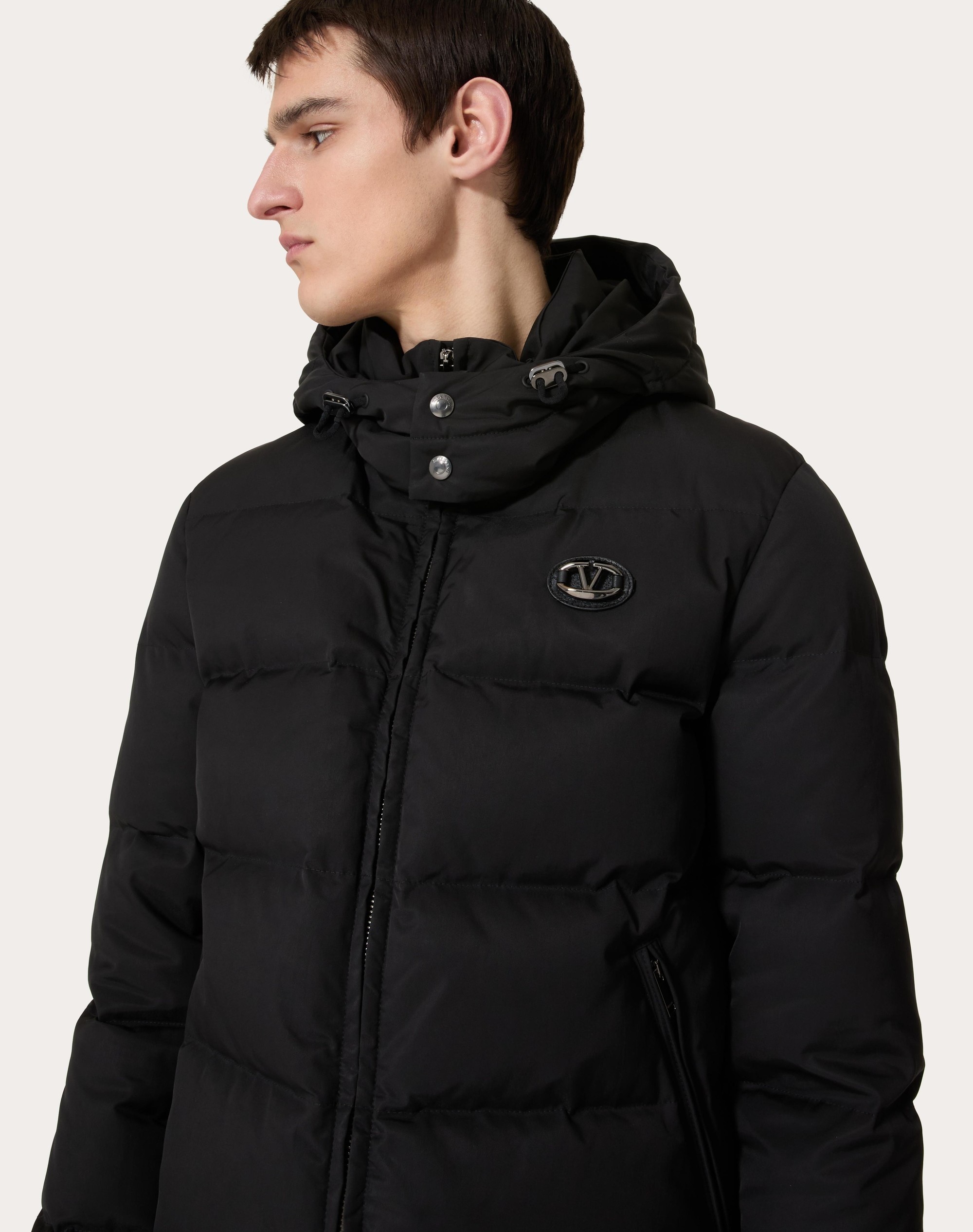 NYLON HOODED DOWN JACKET WITH LEATHER PATCH AND VLOGO SIGNATURE - 5