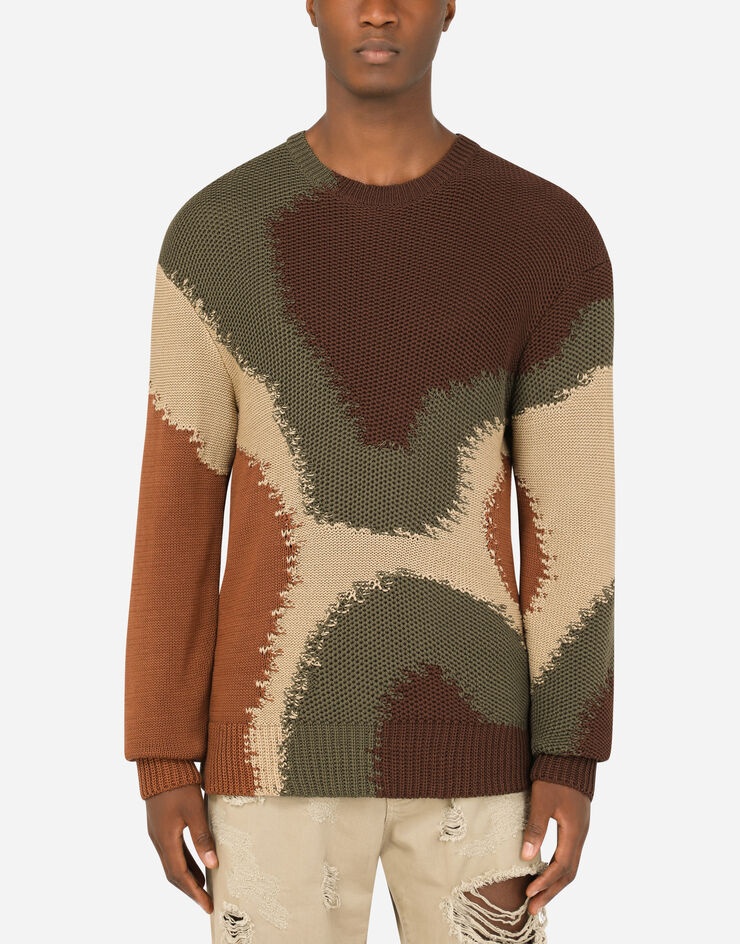 Cotton round-neck sweater with camouflage intarsia - 1