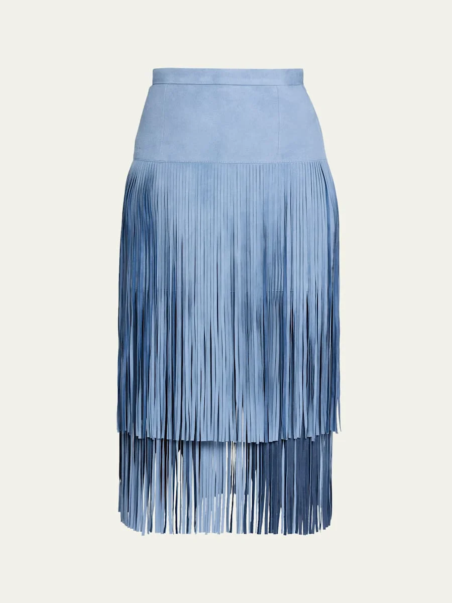Tiered Fringe Suede Midi Skirt - 1