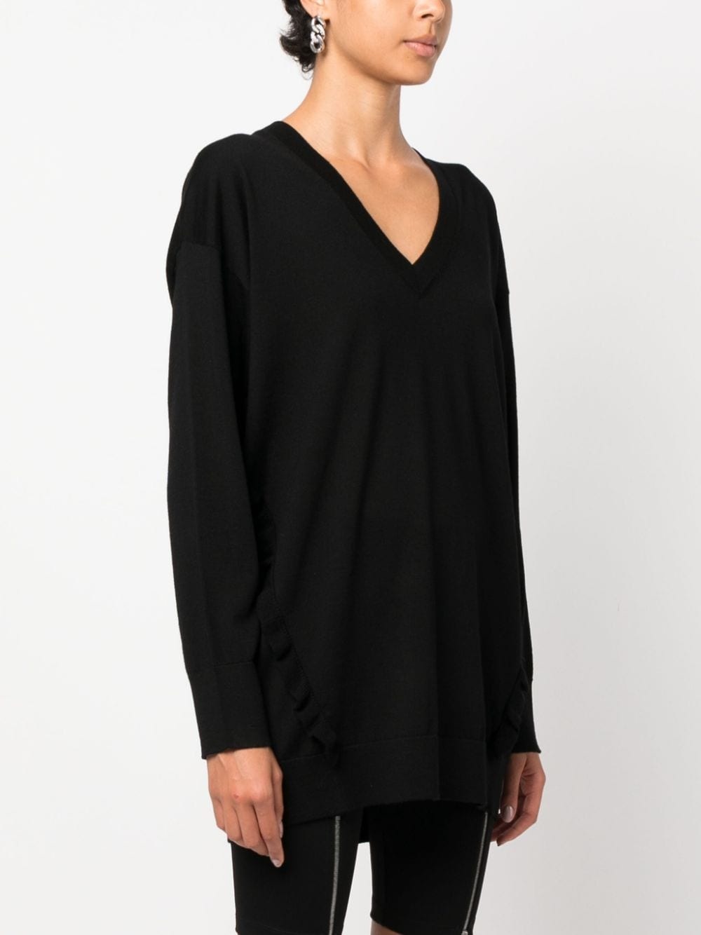 ruffle-detail V-neck wool jumper - 3