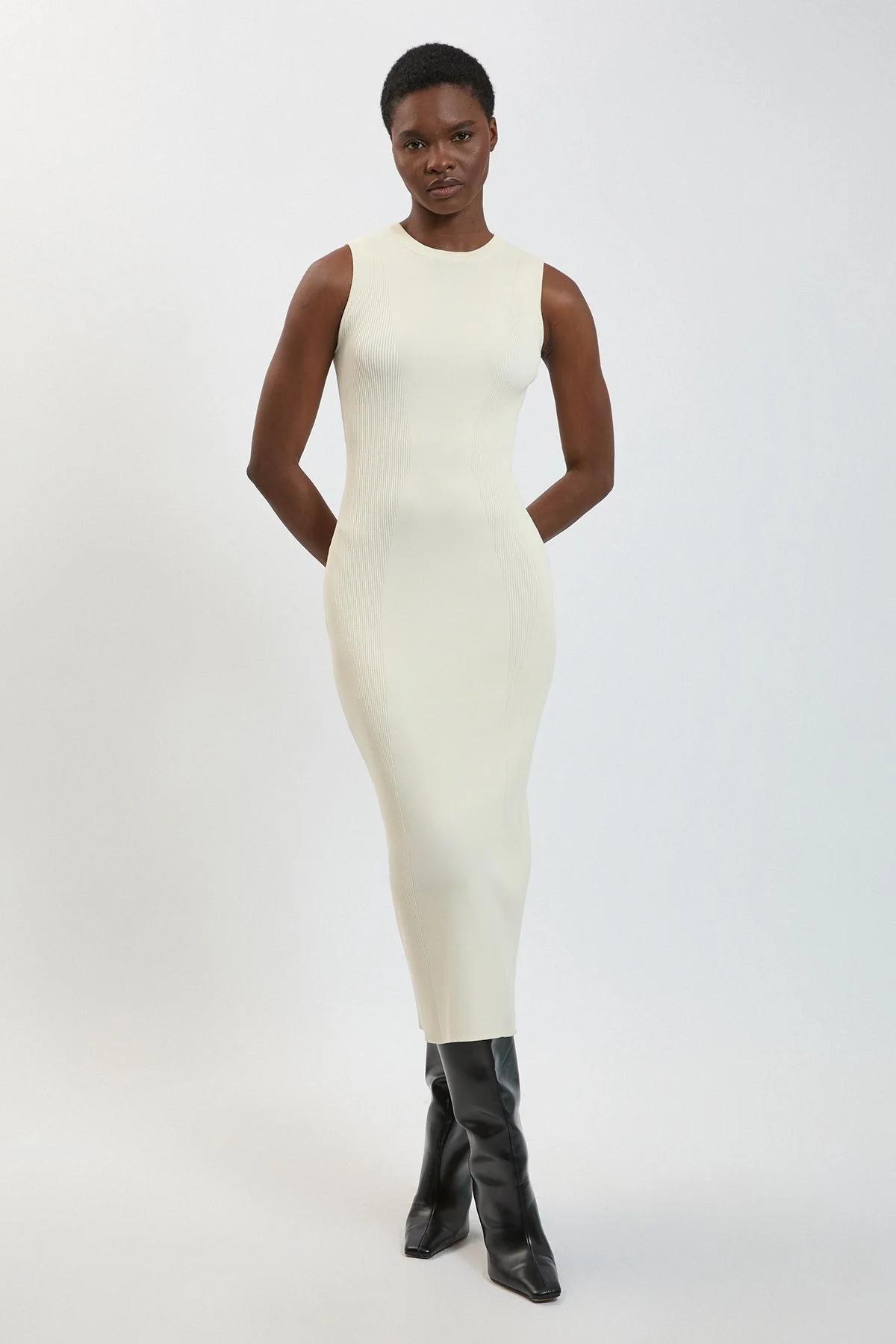 Rib Knitted Crew Neck Midi Dress - 1