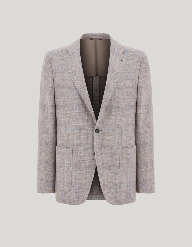 BEIGE AND LILAC WOOL, SILK AND LINEN MODERN-FIT JACKET WITH OVERCHECK PATTERN 1