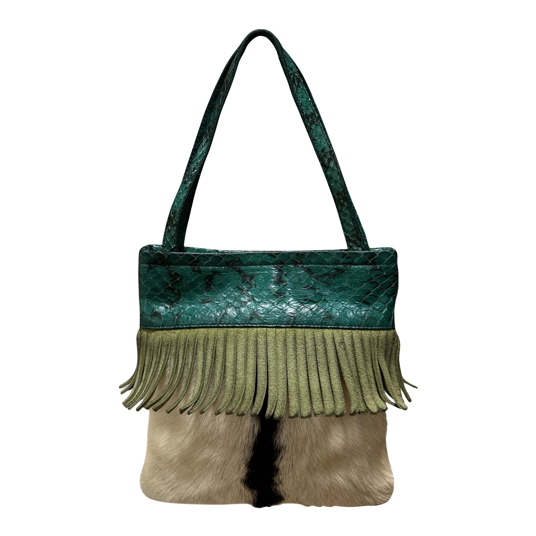 MIU MIU Fall Winter 1999 Python Unborn Calf Leather Fringe Tote Bag - 2