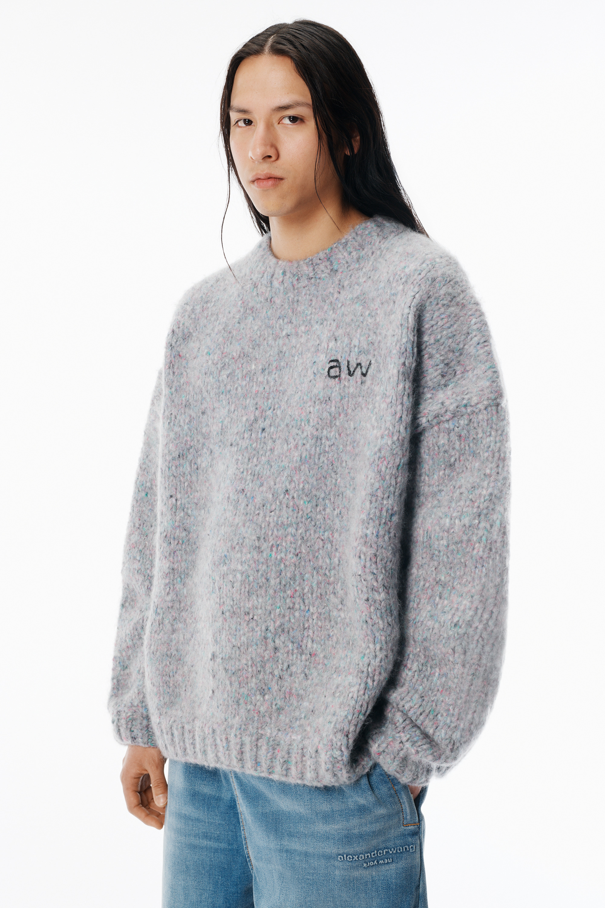 Grey Oversized Pullover with Hand-Crochet Logo - 3