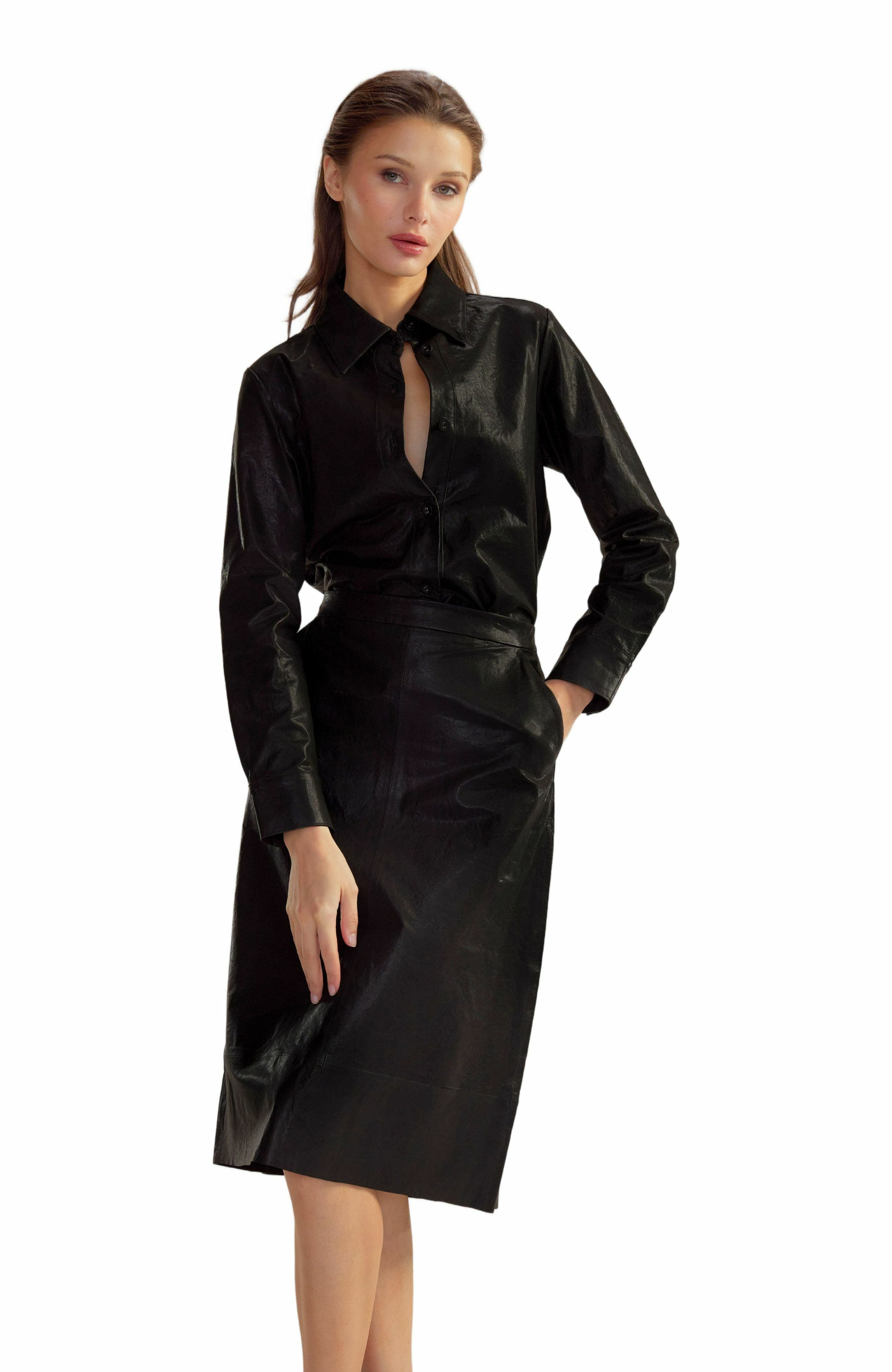 Cynthia Rowley Leather Button Up Shirt in Black at Nordstrom - 1