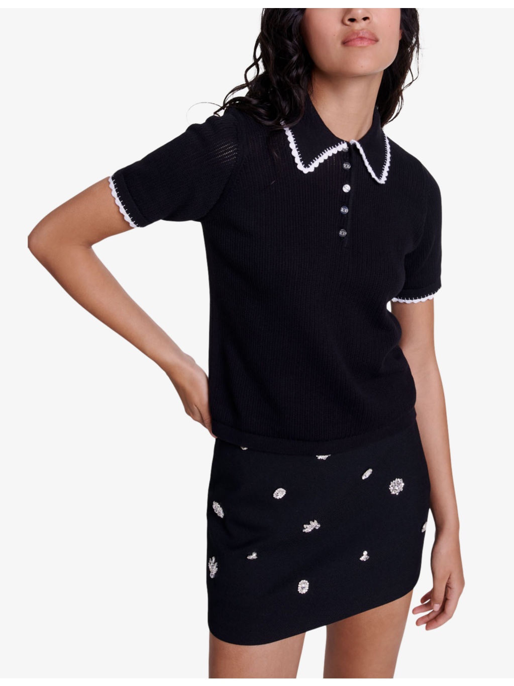 Pointelle-collar short-sleeve cotton polo shirt - 3